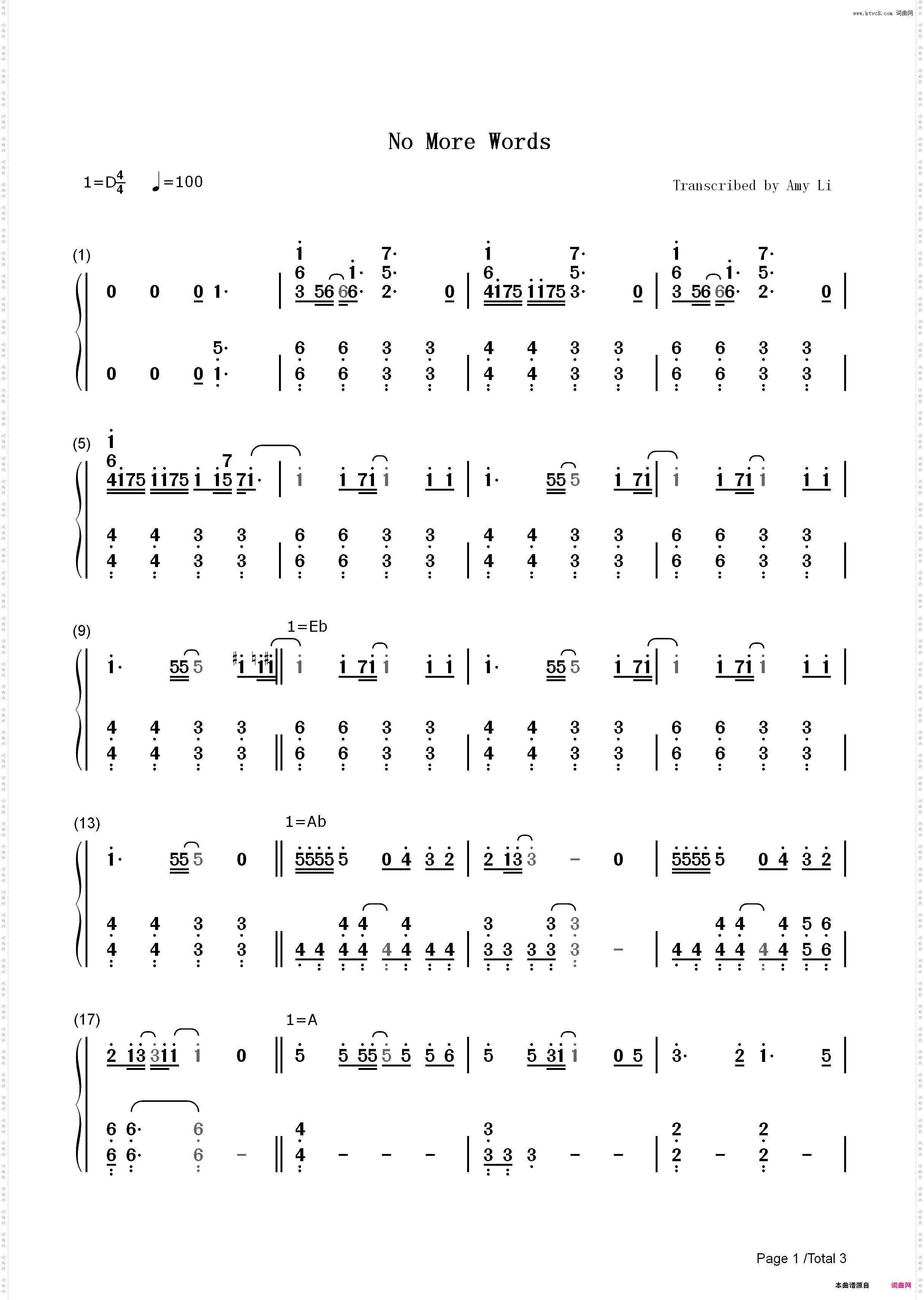 no more words-穿越时空的思念主题曲_简谱版