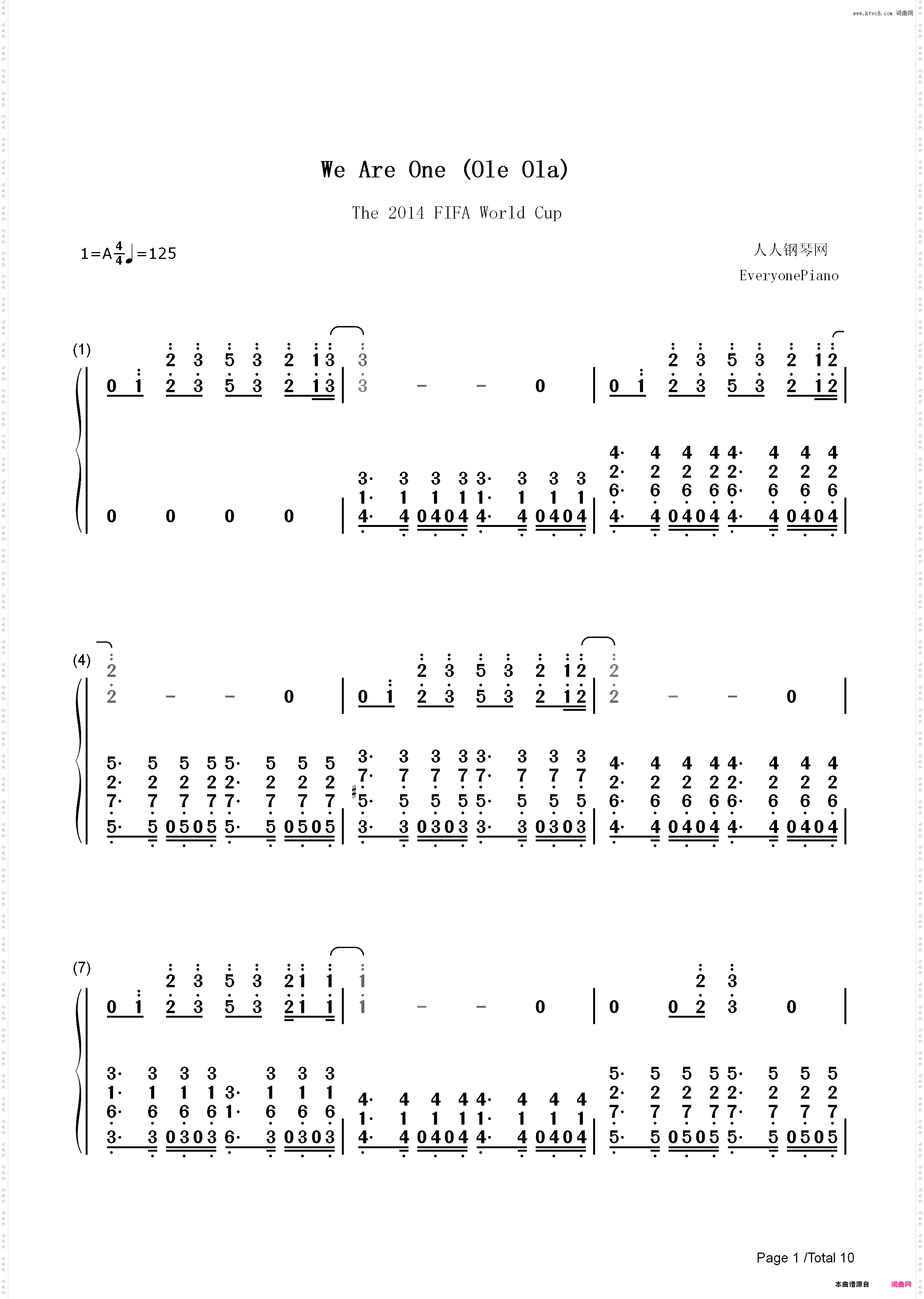 We Are One Ole Ola-2014世界杯主题曲-Pitbull_简谱版