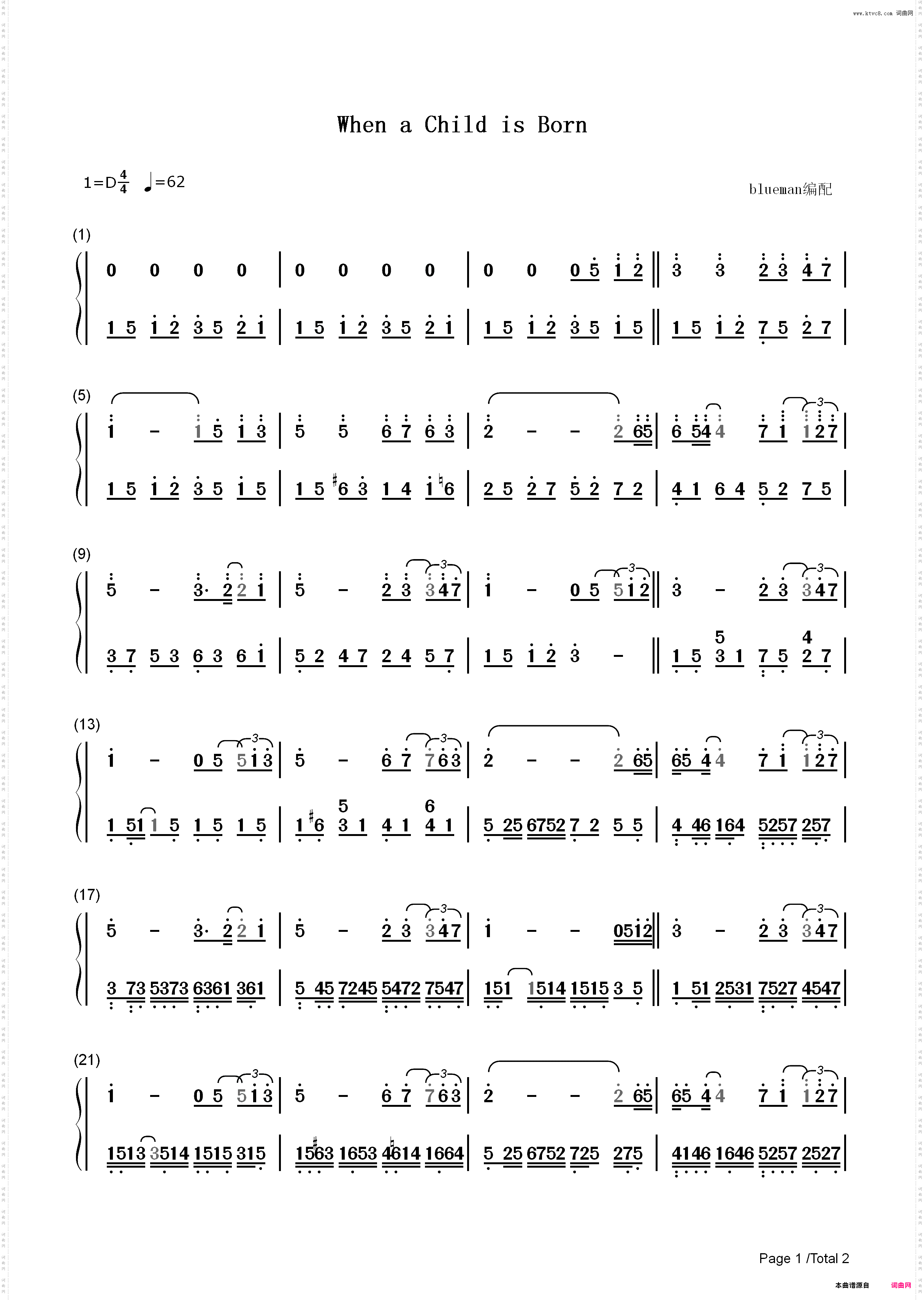 When a Child is Born-人狼之恋 主题曲_简谱版