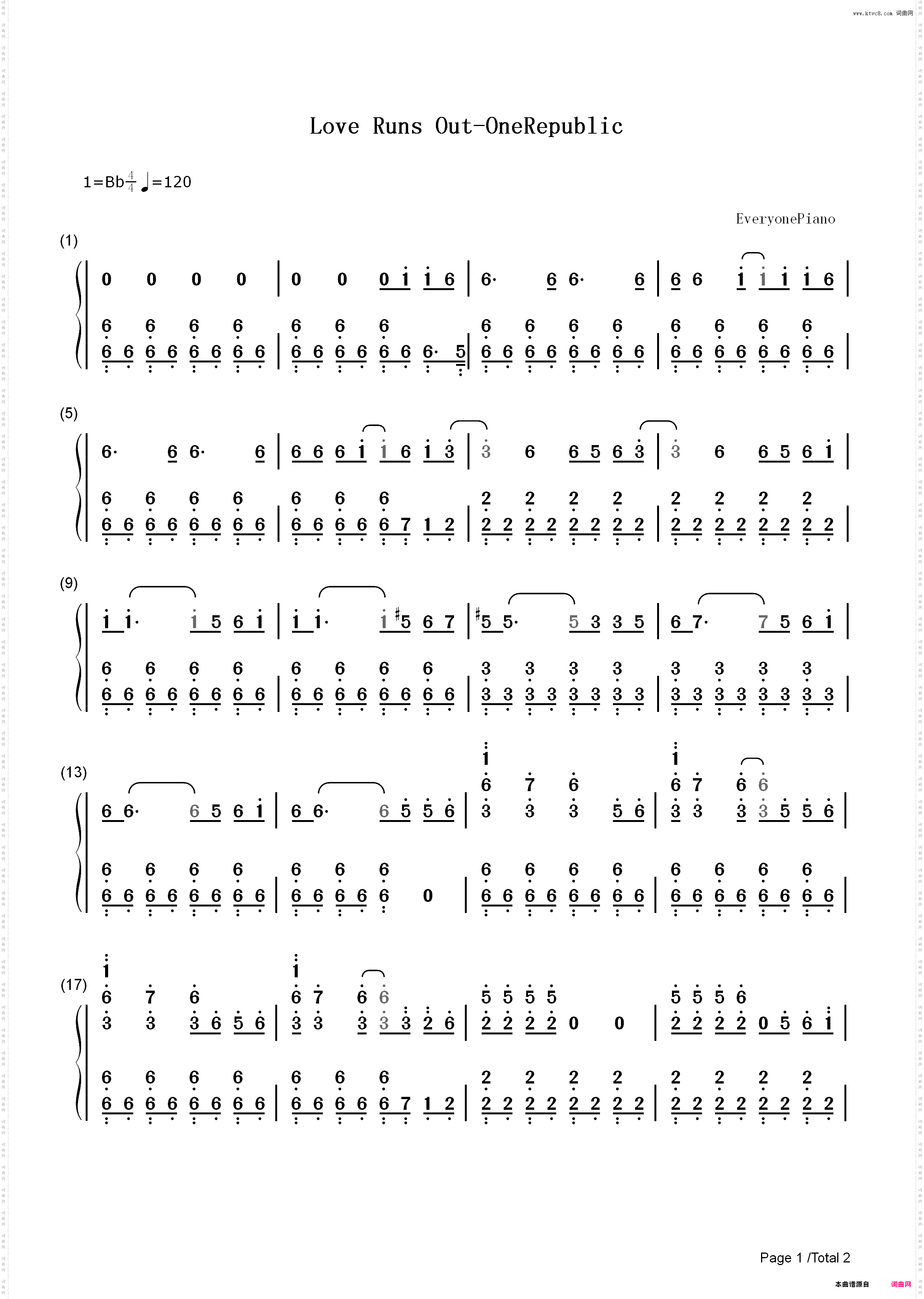 Love Runs Out-OneRepublic_简谱版