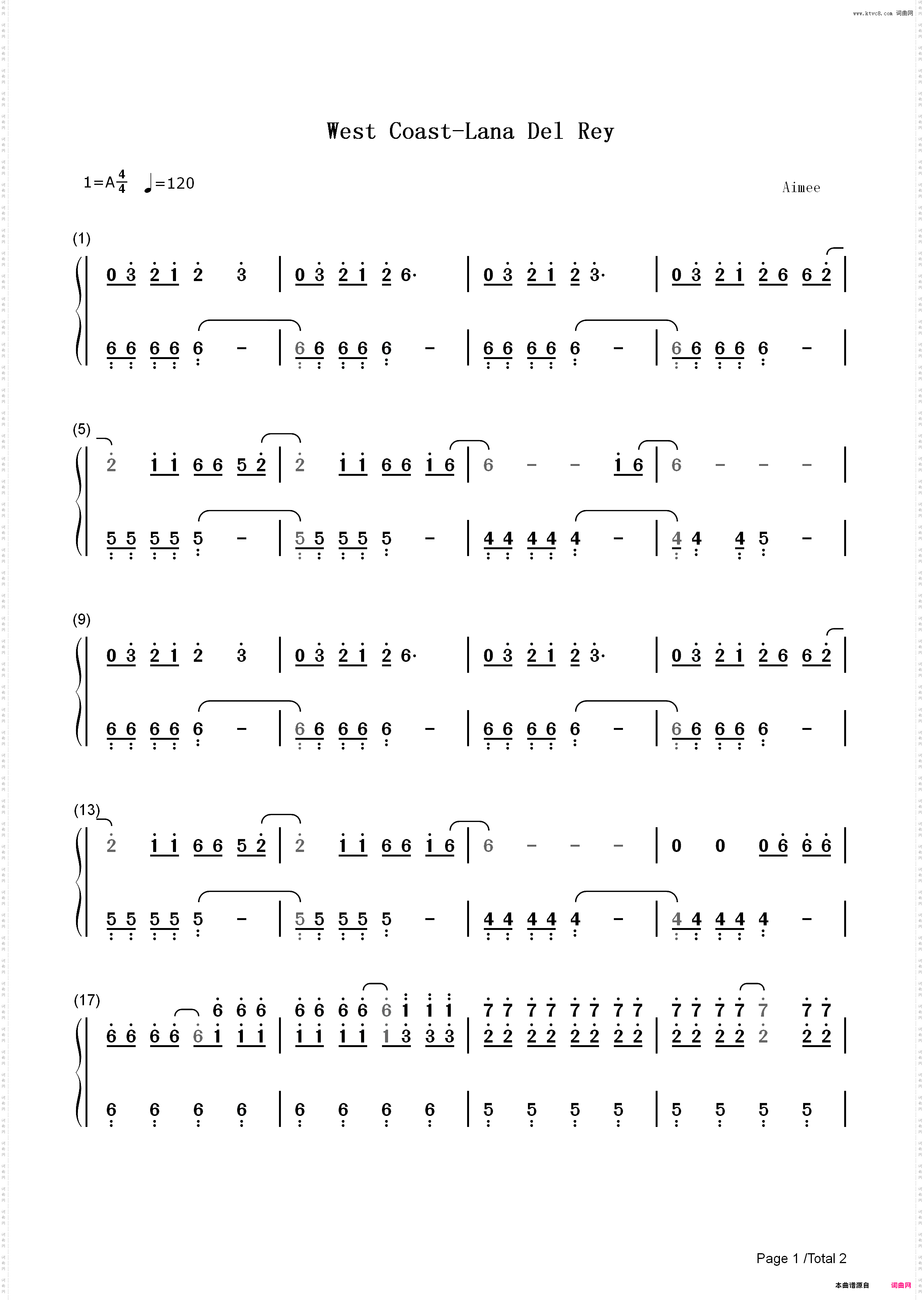 West Coast-Lana Del Rey_简谱版