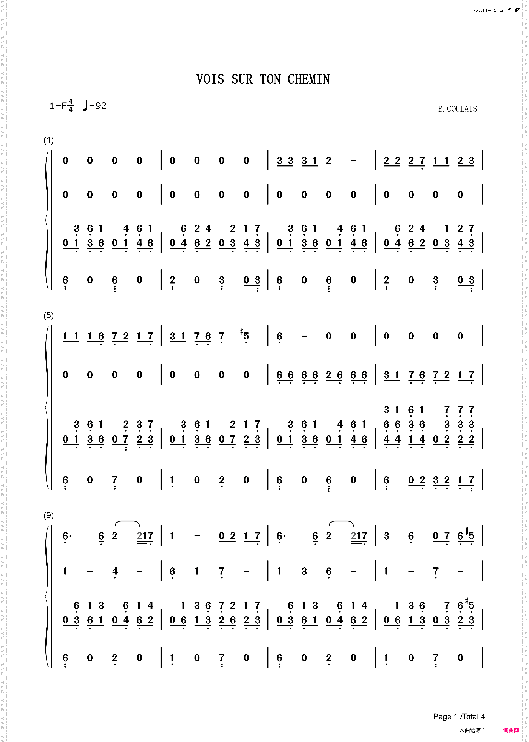 Vois Sur Ton Chemin-放牛班的春天 插曲_简谱版