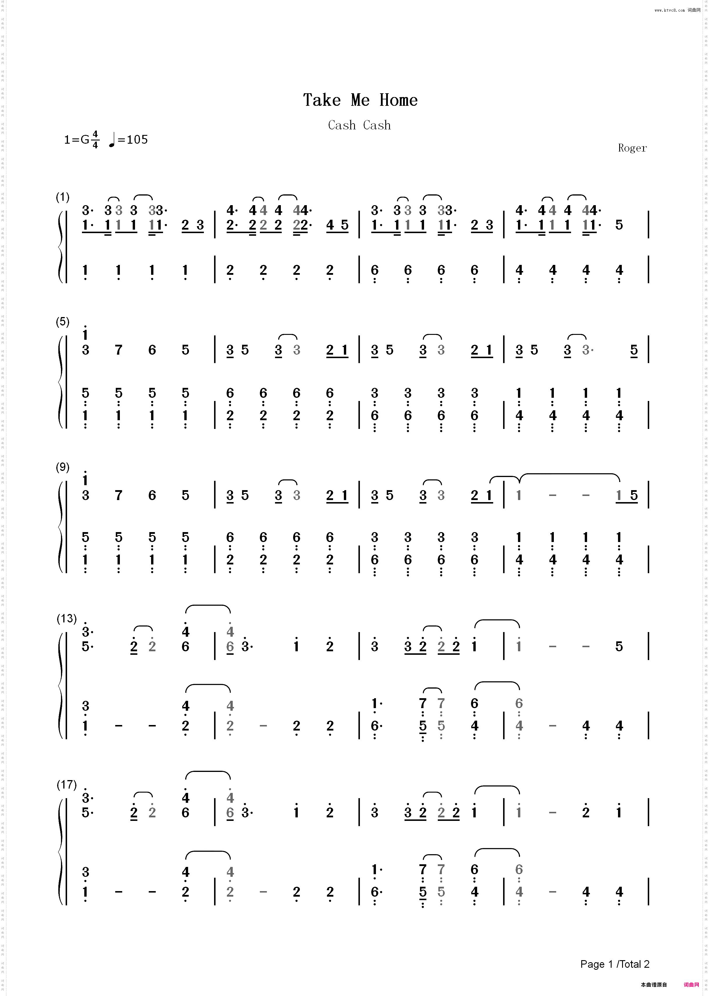 Take Me Home-Cash Cash_简谱版