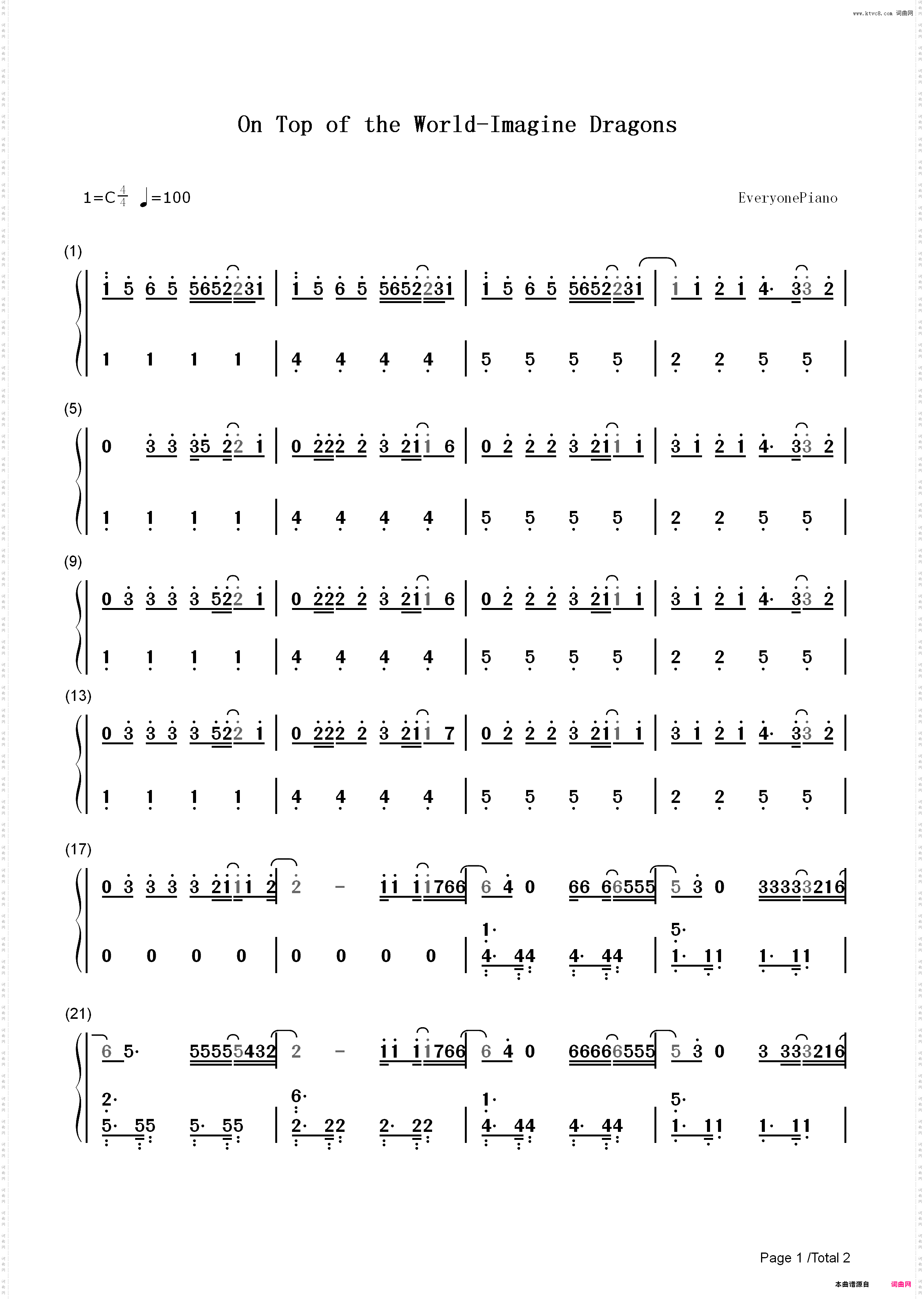 On Top of the World-Imagine Dragons_简谱版