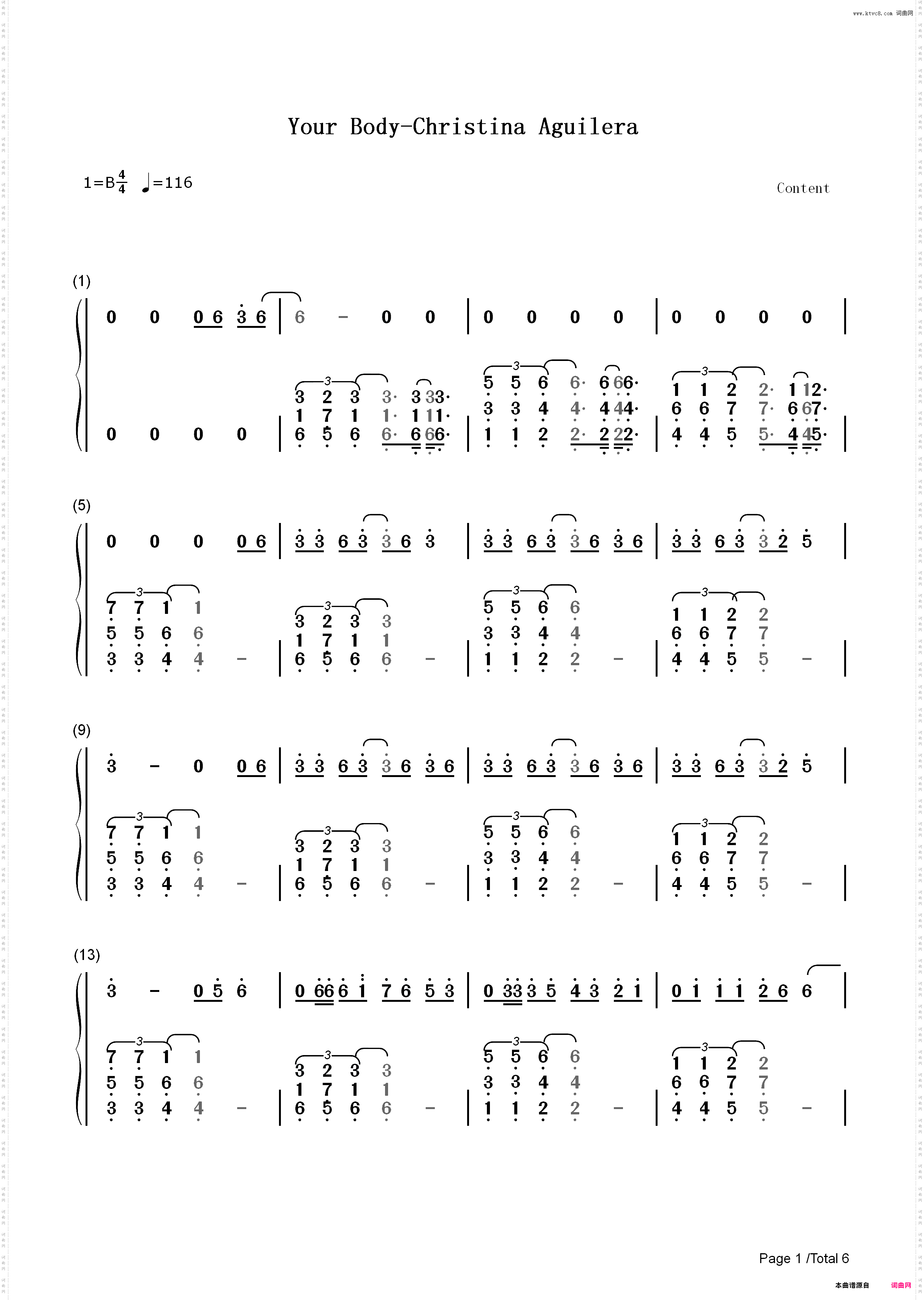 Your Body-Christina Aguilera_简谱版