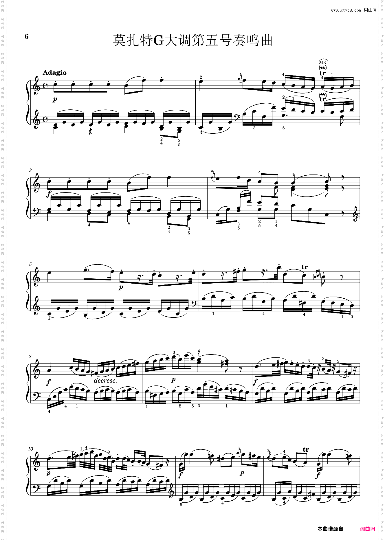 莫扎特G大调第五号钢琴奏鸣曲K·283 第二乐章