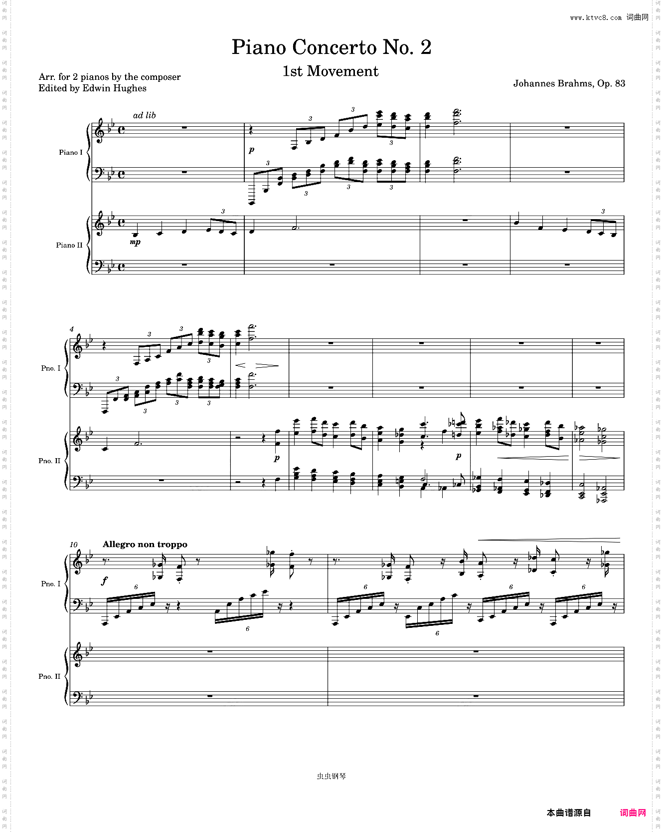 Brahms Piano Concerto No· 2, 1st Movement arr· for 2 pianos