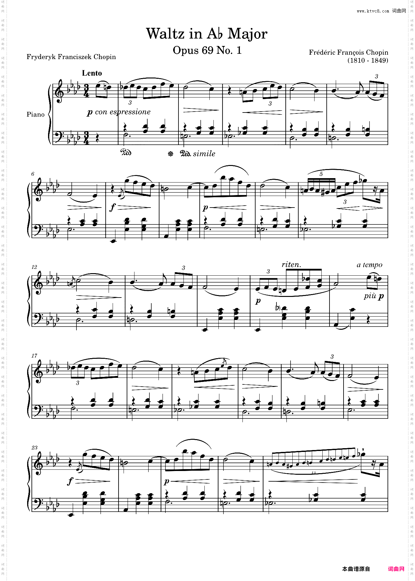 降A大调圆舞曲 肖邦 Waltz Opus 69 No· 1 in A? Major