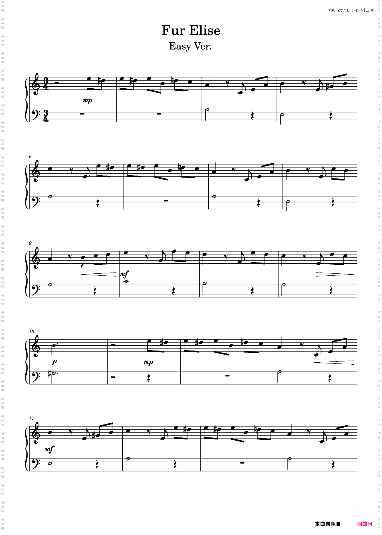献给爱丽丝/Fur Elise 贝多芬Easy Piano