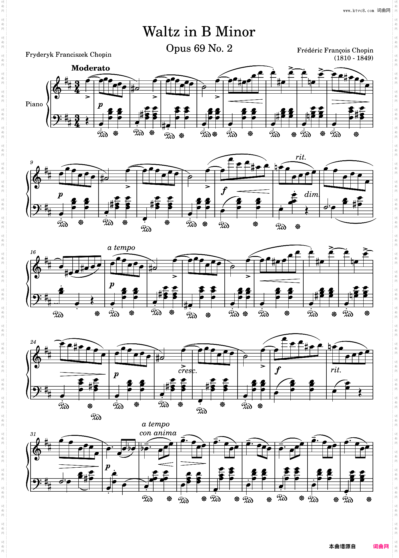 肖邦b小调圆舞曲 Waltz Opus 69 No· 2 in B Minor
