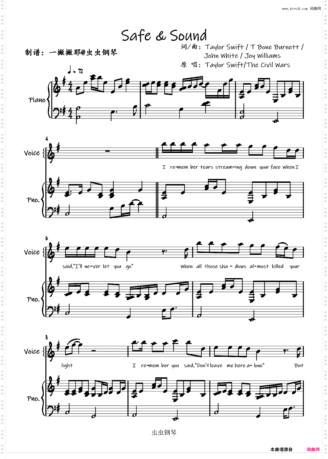 【弹唱谱】Safe & Sound-Taylor Swift / The Civil Wars《饥饿游戏》「一撇撇耶」