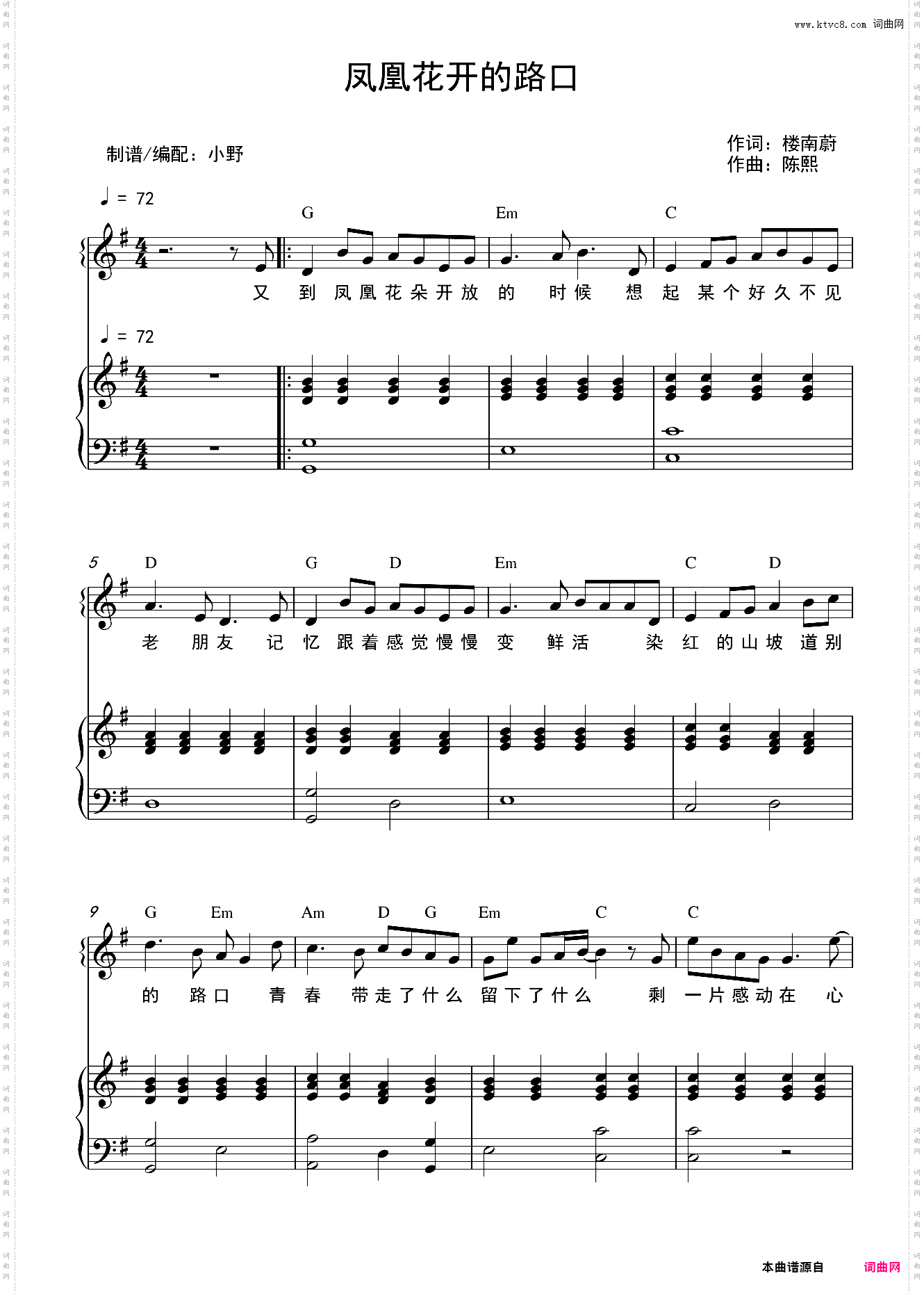 凤凰花开的路口和弦弹唱版