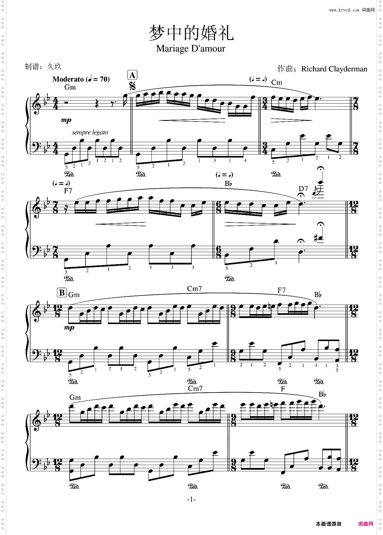 梦中的婚礼原版带指法理查德·克莱德曼 Richard Clayderman Mariage D'amour 理查德克莱德曼