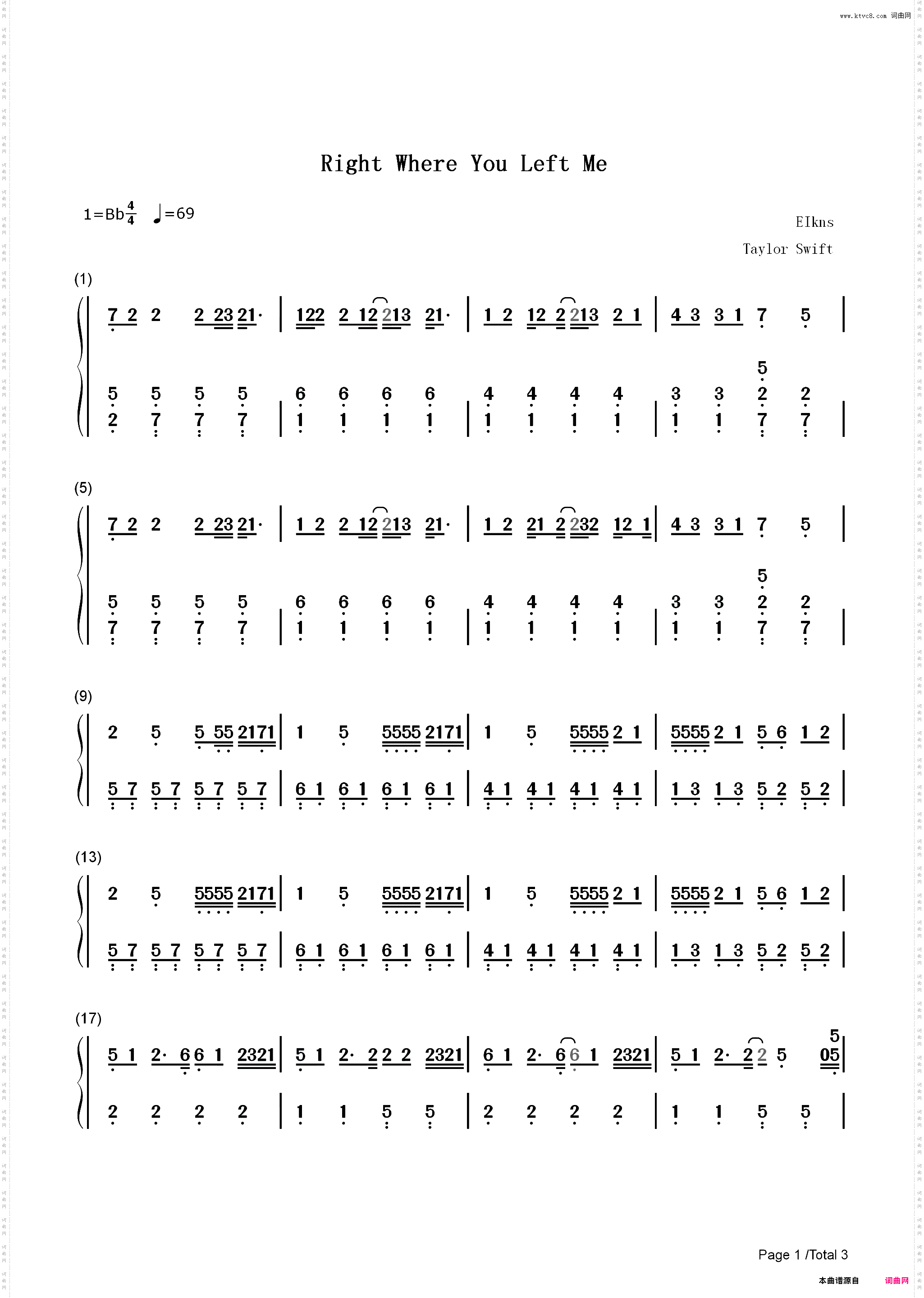 Right Where You Left Me-Taylor Swift_简谱版