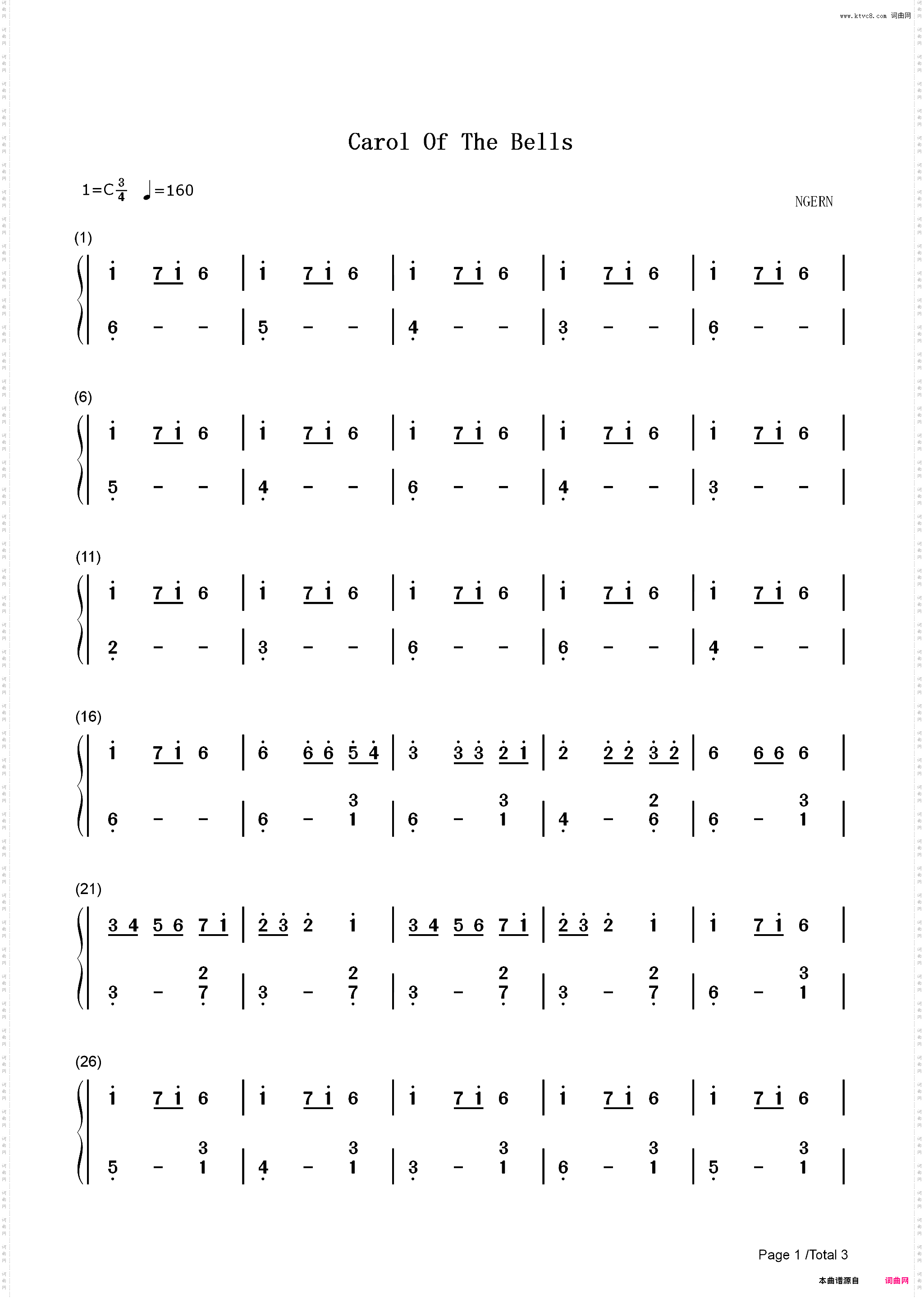 Carol Of The Bells-C调简单版-卡罗尔的钟声-圣诞颂歌_简谱版