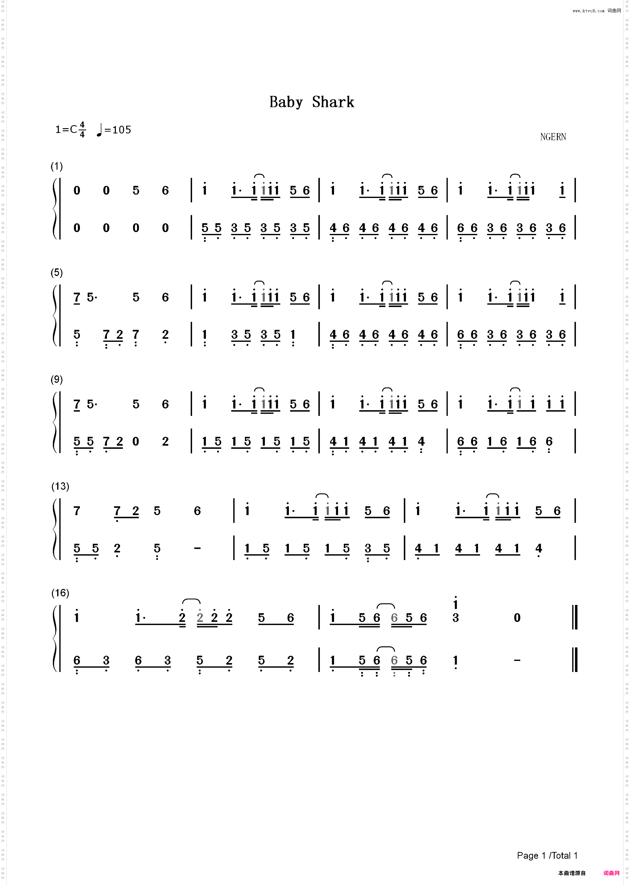 Baby Shark-鲨鱼宝宝-C调简单版_简谱版