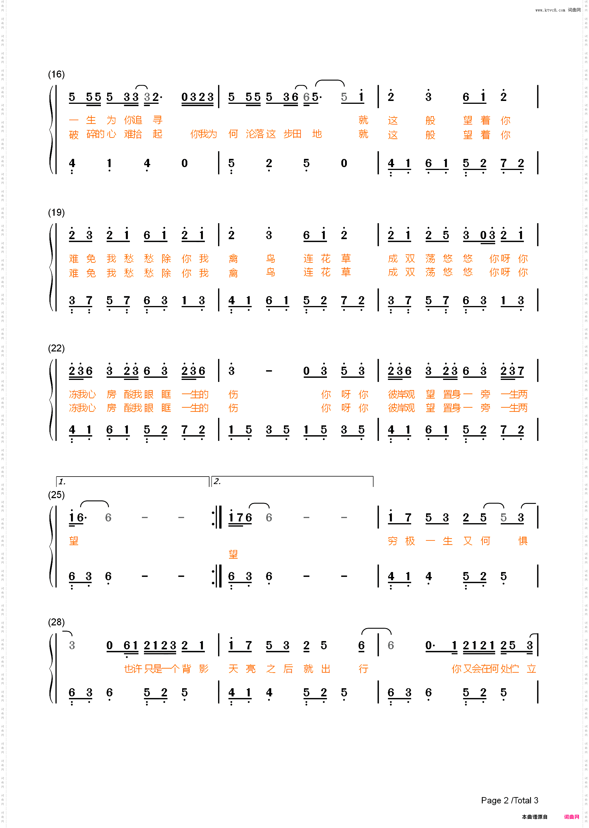 隔岸-你呀你冻我心房酸我眼眶一生的伤-抖音热歌_简谱版