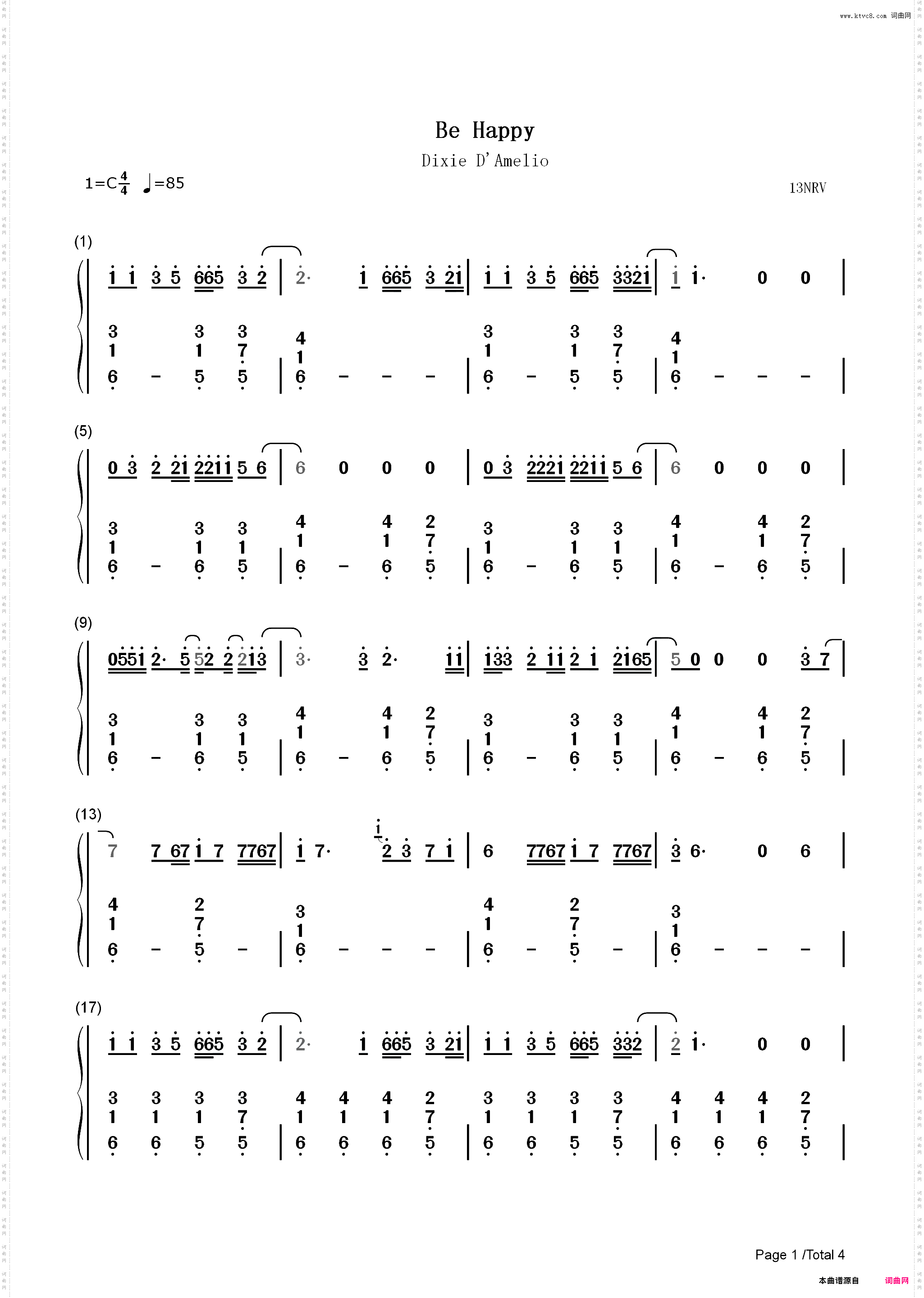 Be Happy-Dixie DAmelio_简谱版