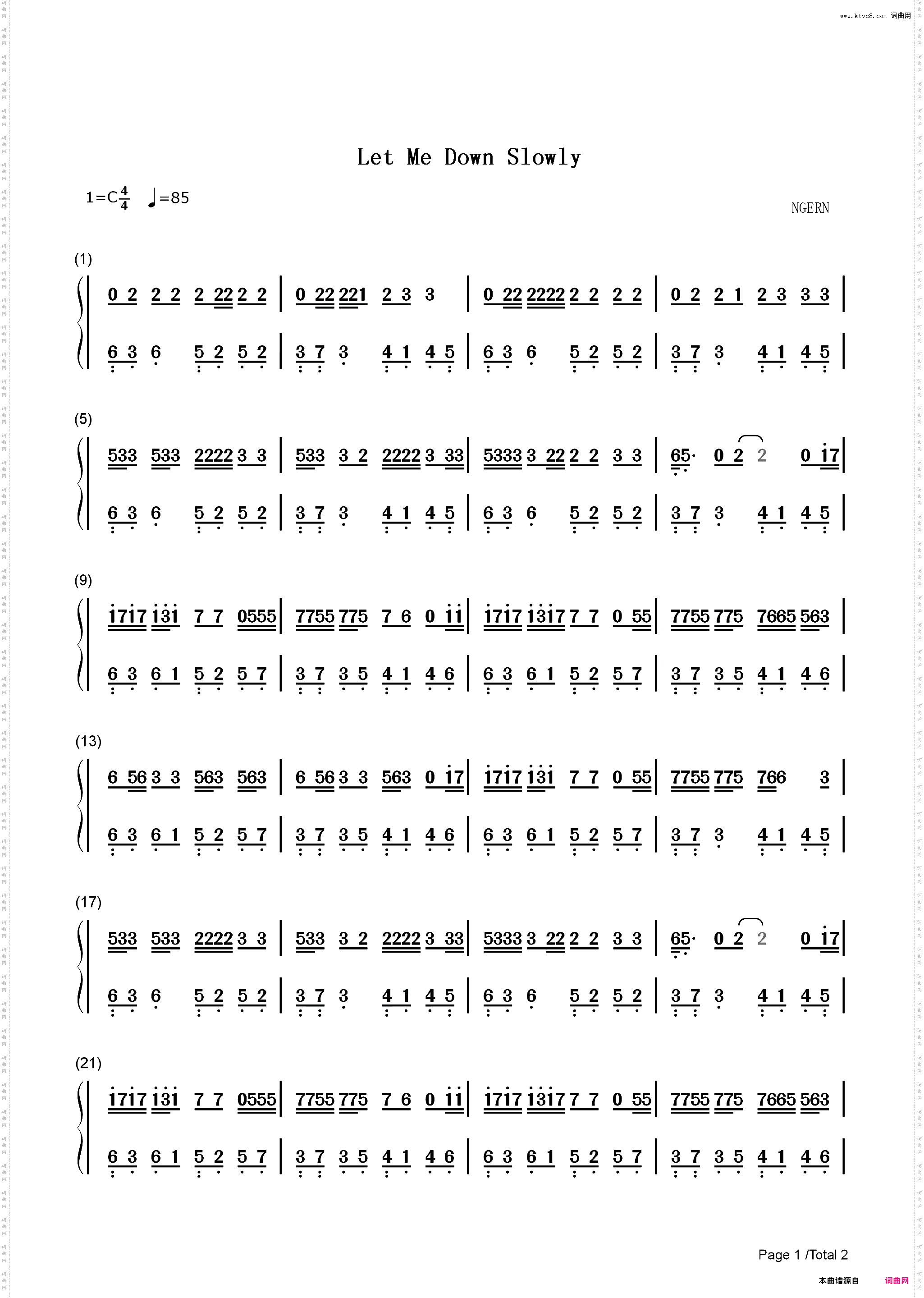 Let Me Down Slowly-C调简单版-国外音乐榜排名第一的治愈歌曲_简谱版