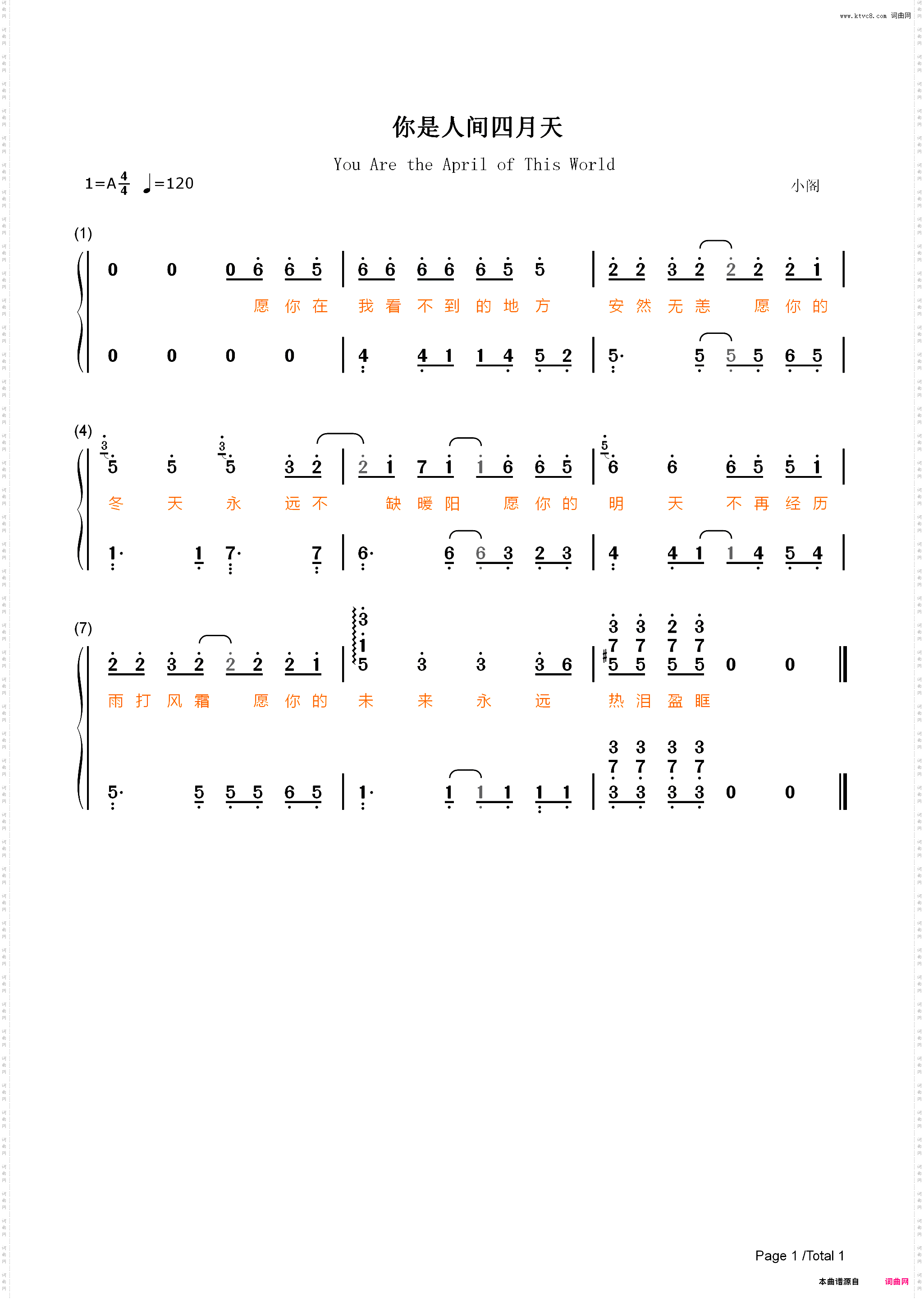 你是人间四月天-愿你在我看不到的地方安然无恙-抖音热歌片段_简谱版