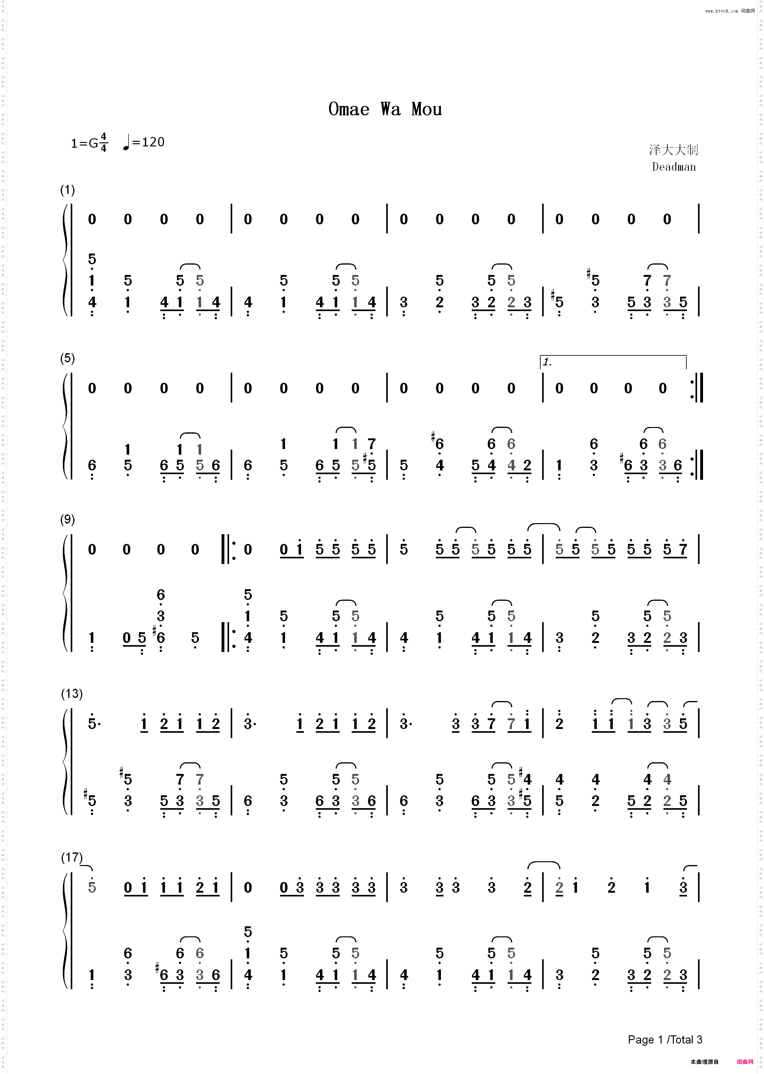 Omae Wa Mou-钢琴独奏版_简谱版