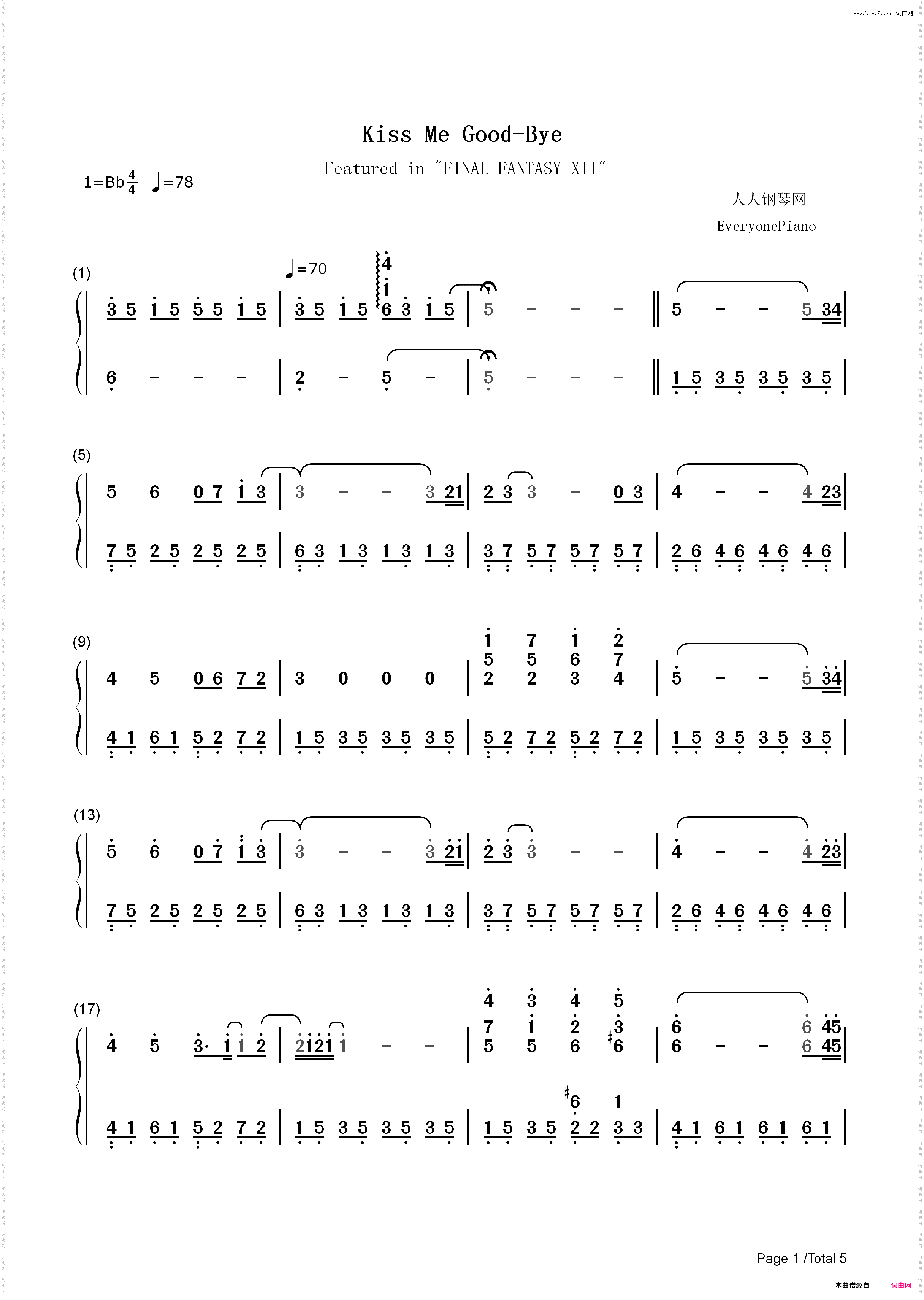 Kiss Me Good-Bye-最终幻想XII主题曲_简谱版