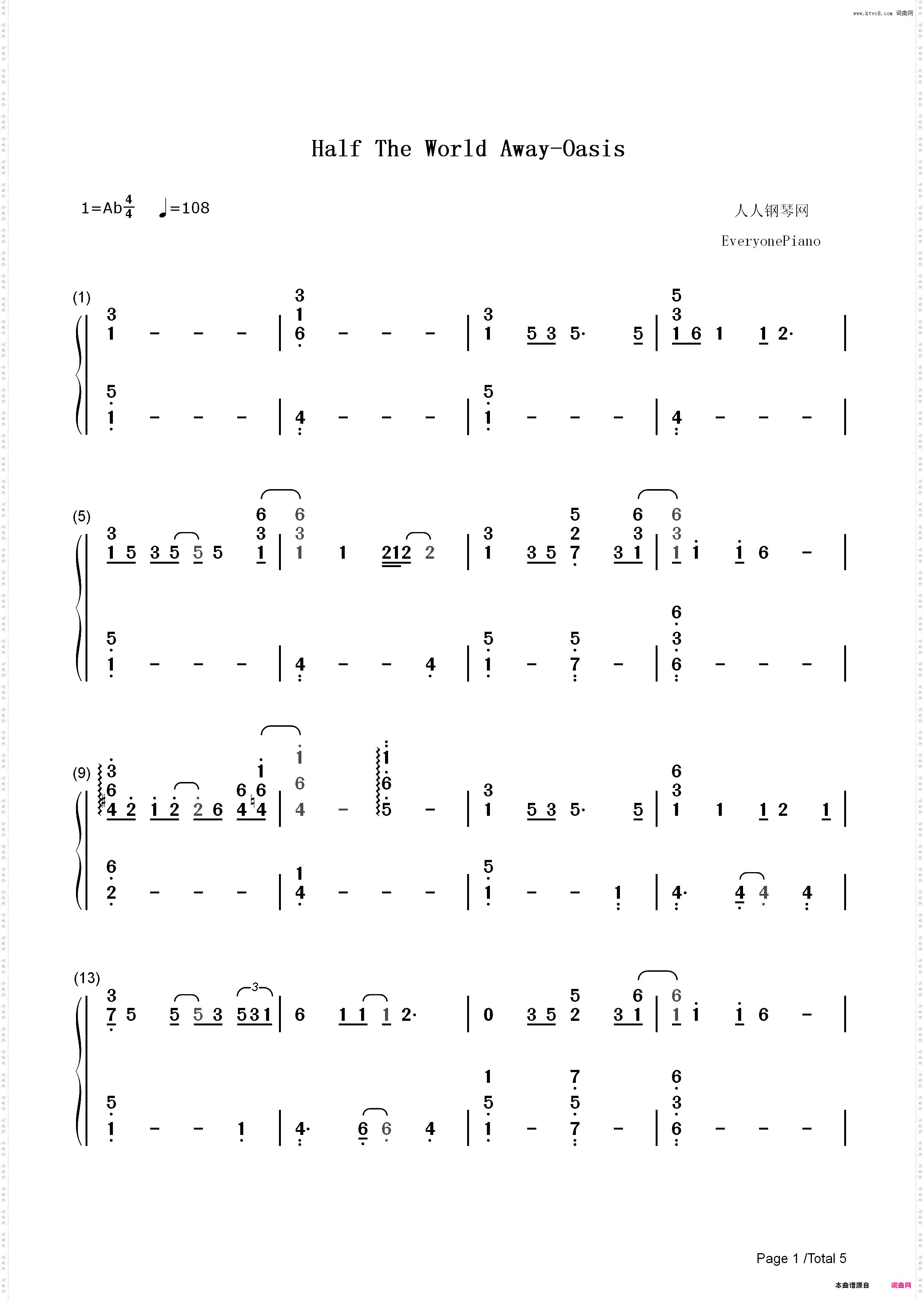 Half The World Away-Oasis_简谱版