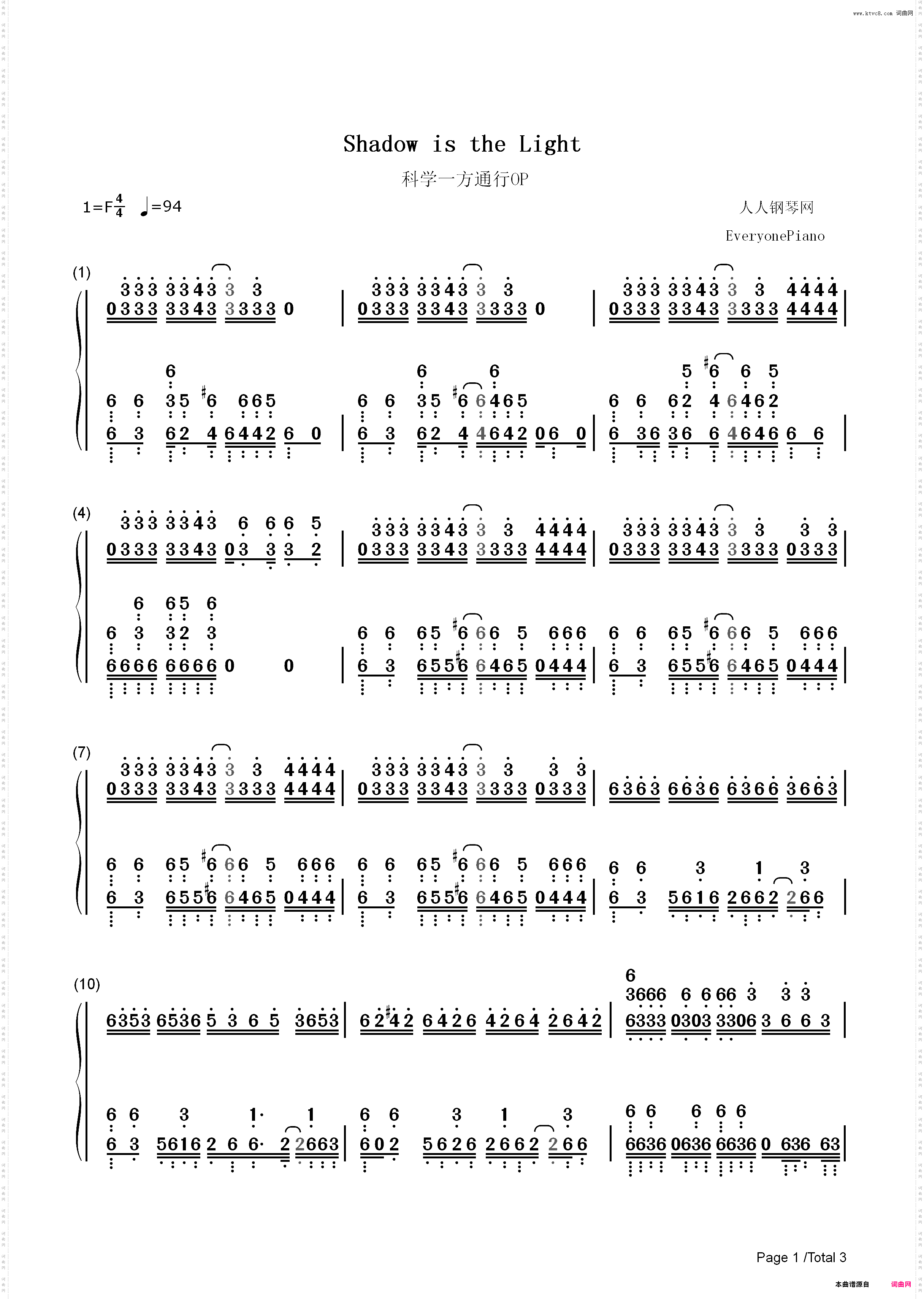 Shadow is the Light-科学一方通行OP_简谱版
