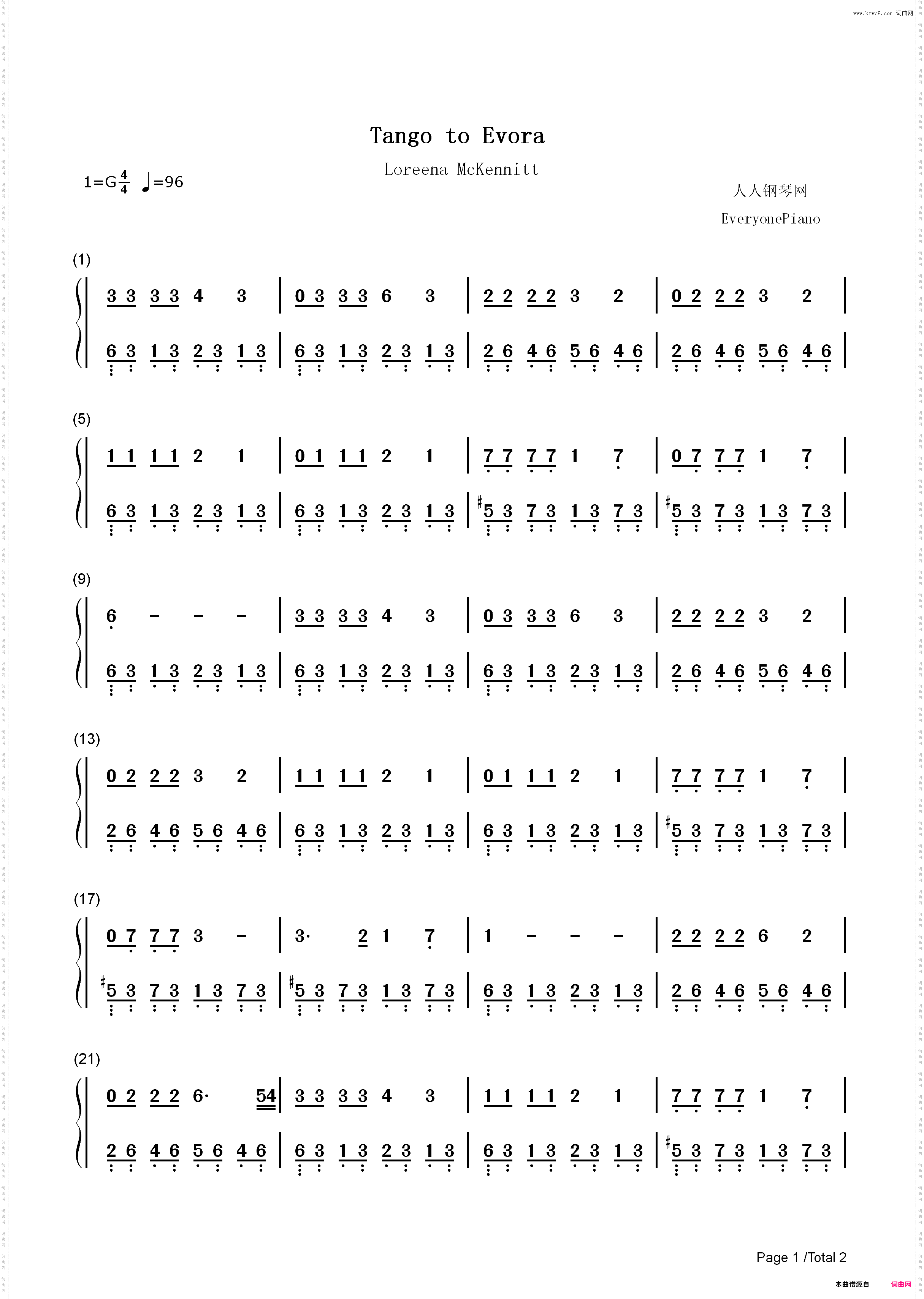 Tango to Evora-Loreena McKennitt_简谱版