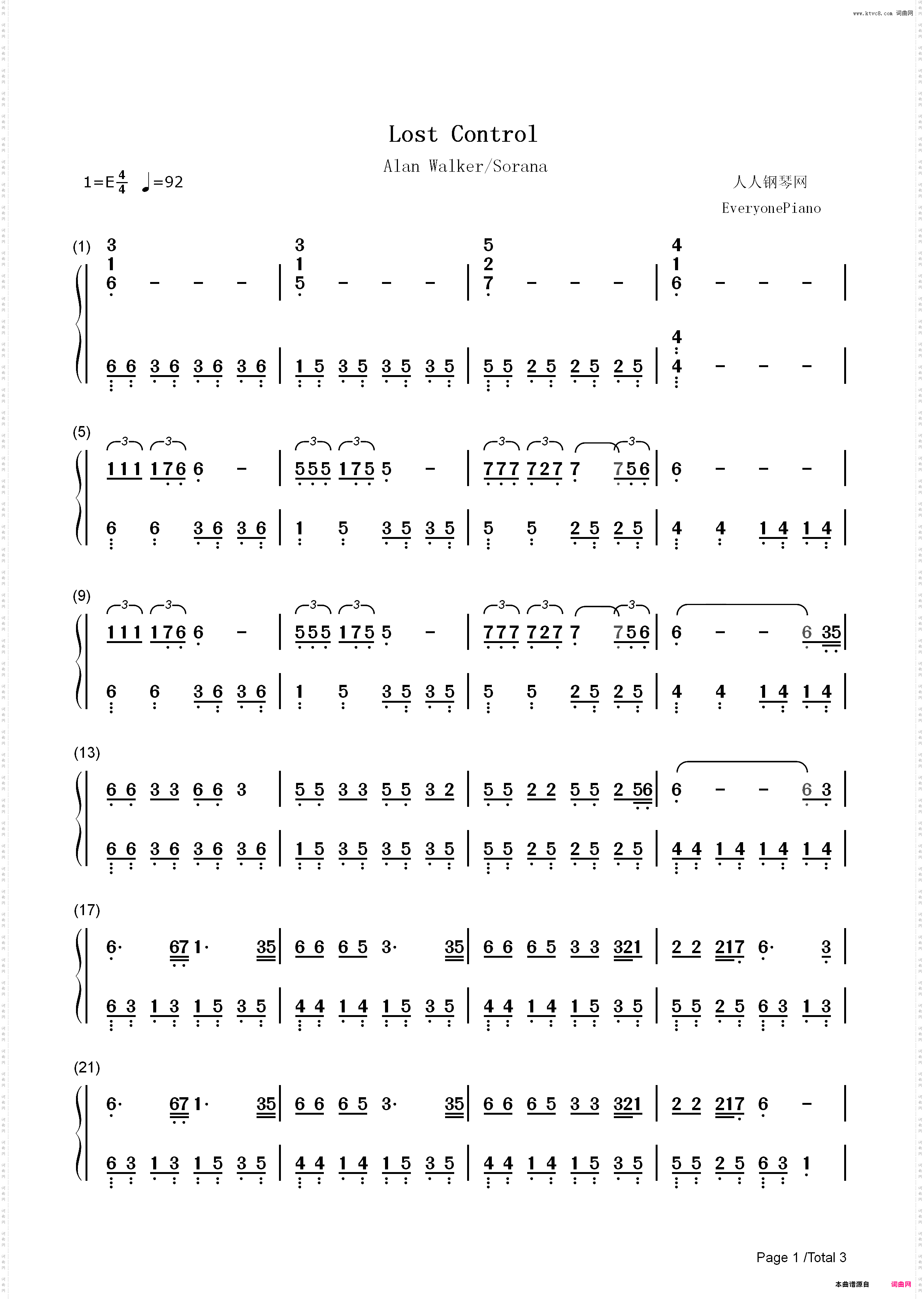 Lost Control-Alan Walker和Sorana_简谱版