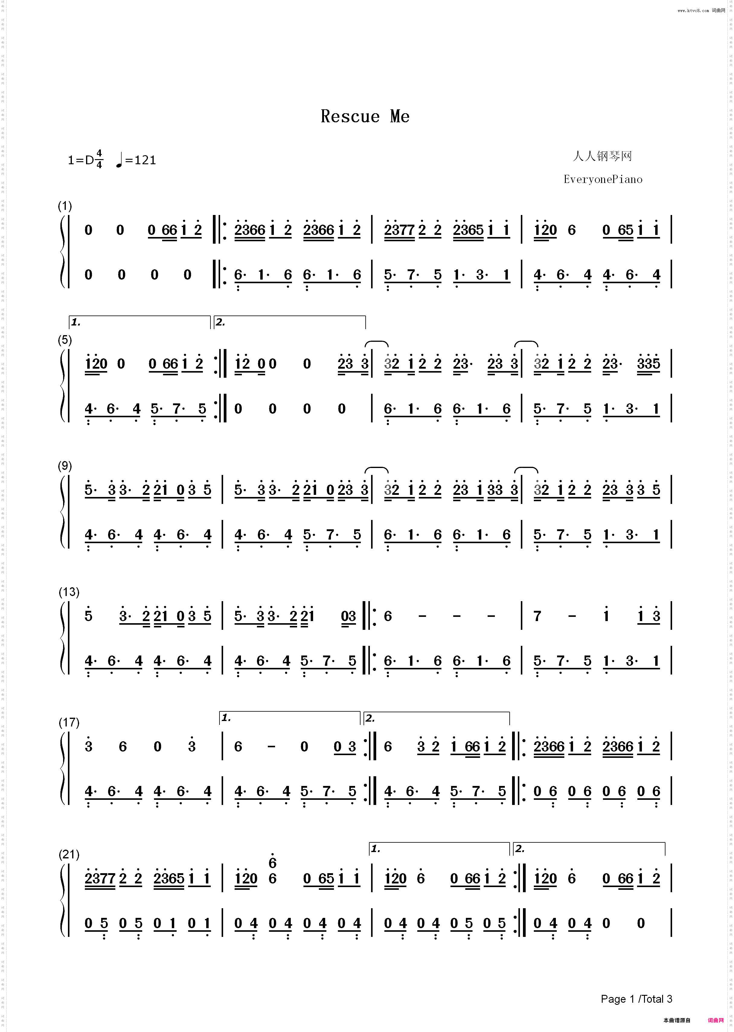 Rescue Me-OneRepublic_简谱版
