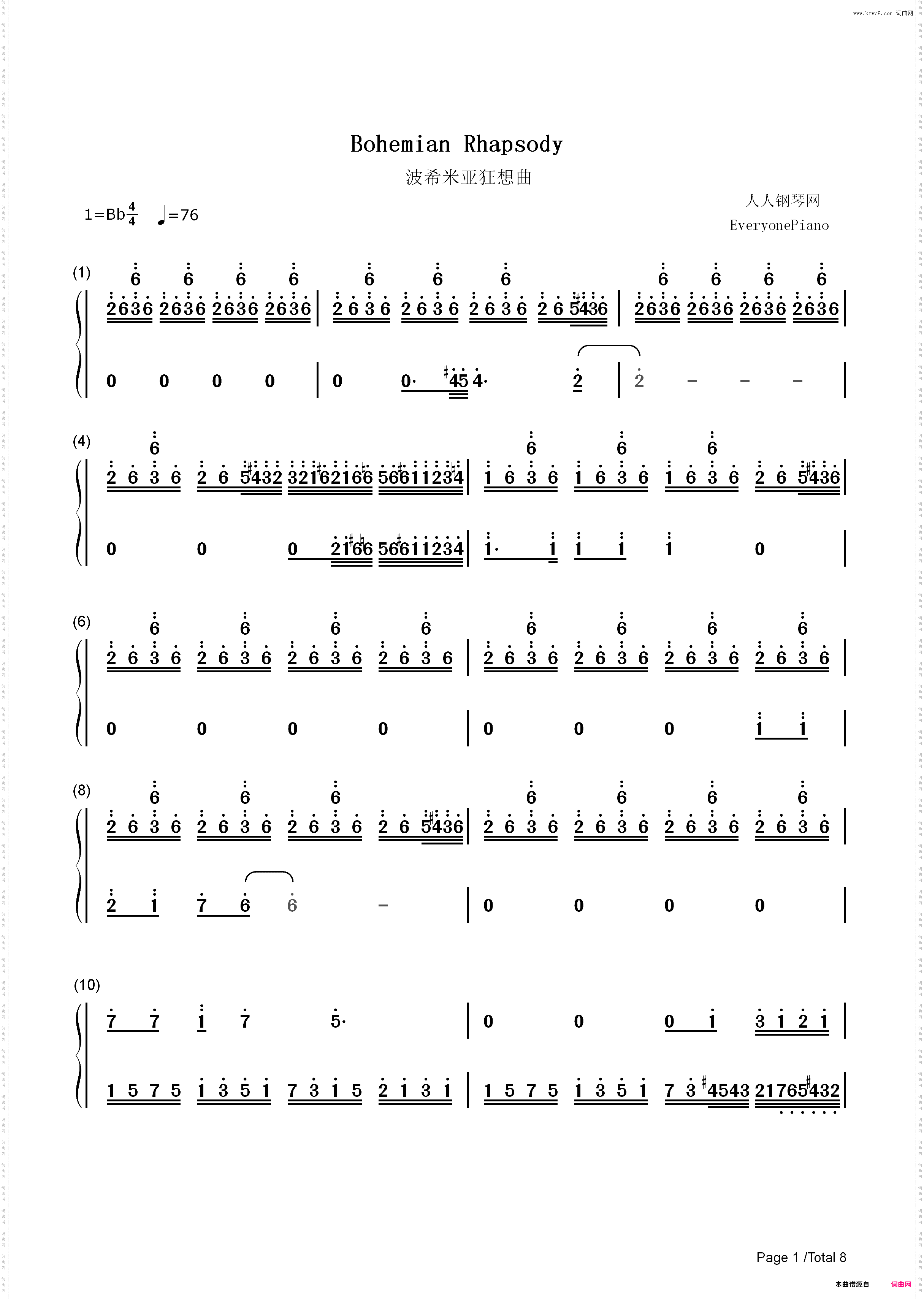Bohemian Rhapsody-完美版-波希米亚狂想曲_简谱版