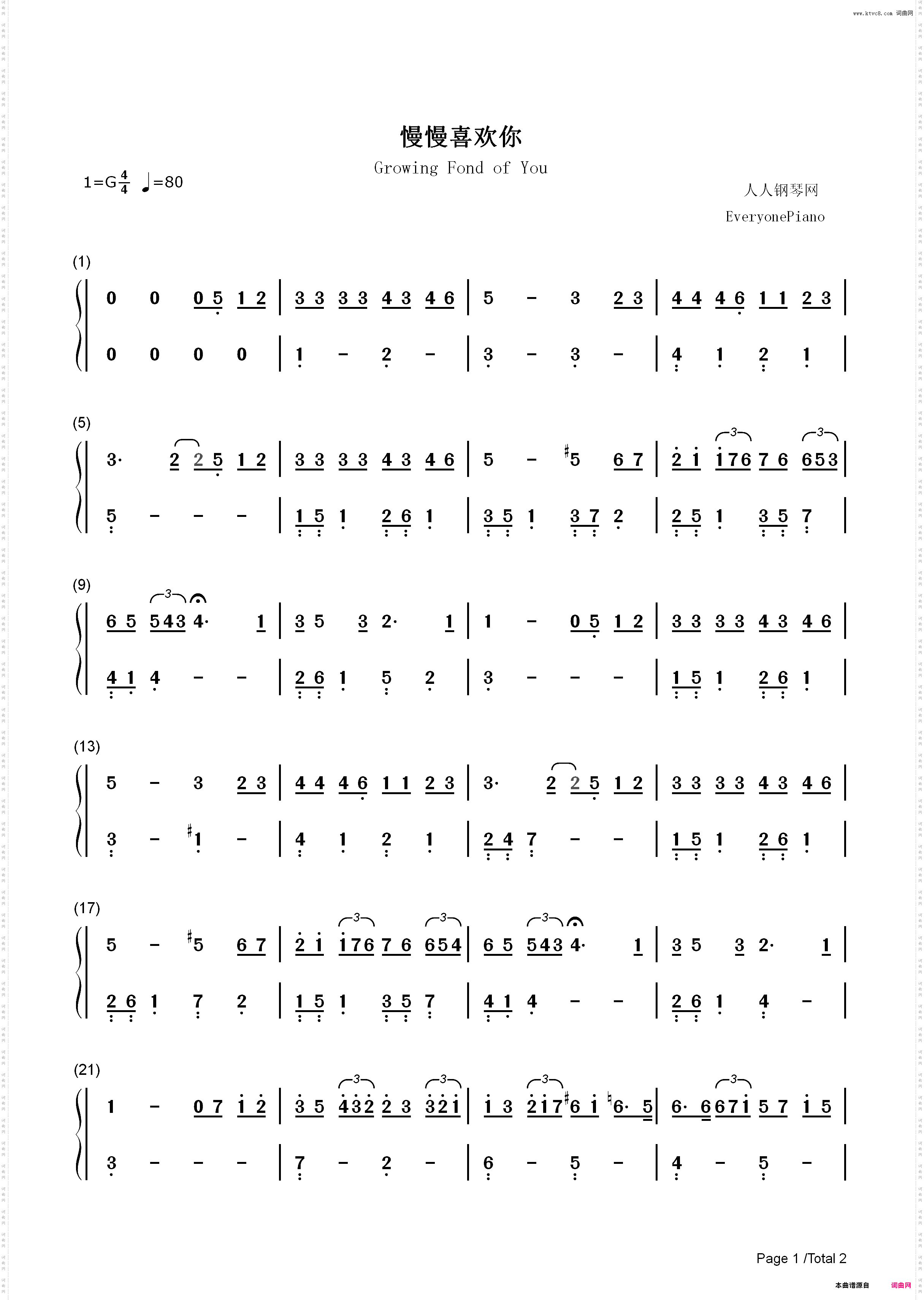 慢慢喜欢你-超级简单版_简谱版