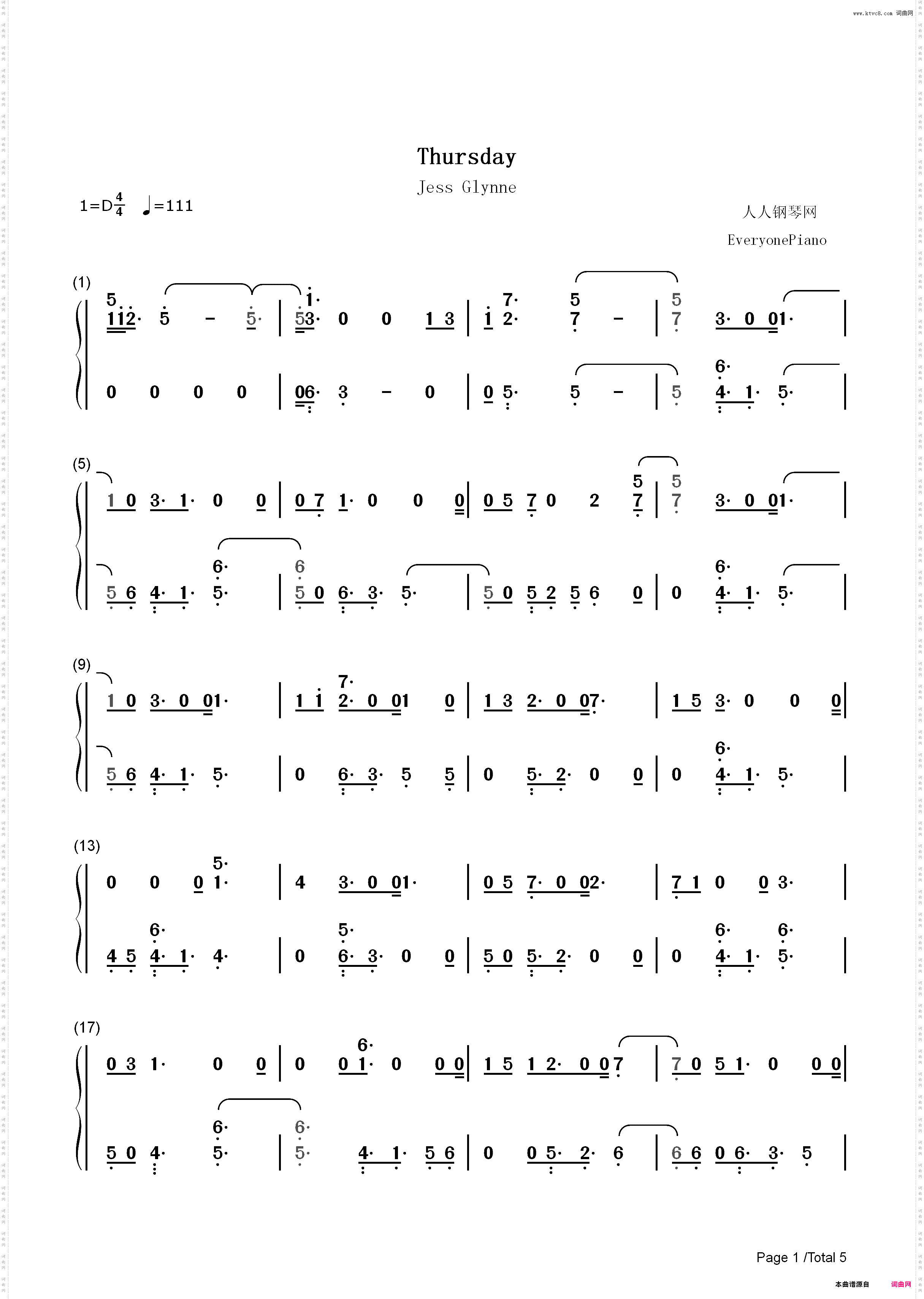 Thursday-Jess Glynne_简谱版