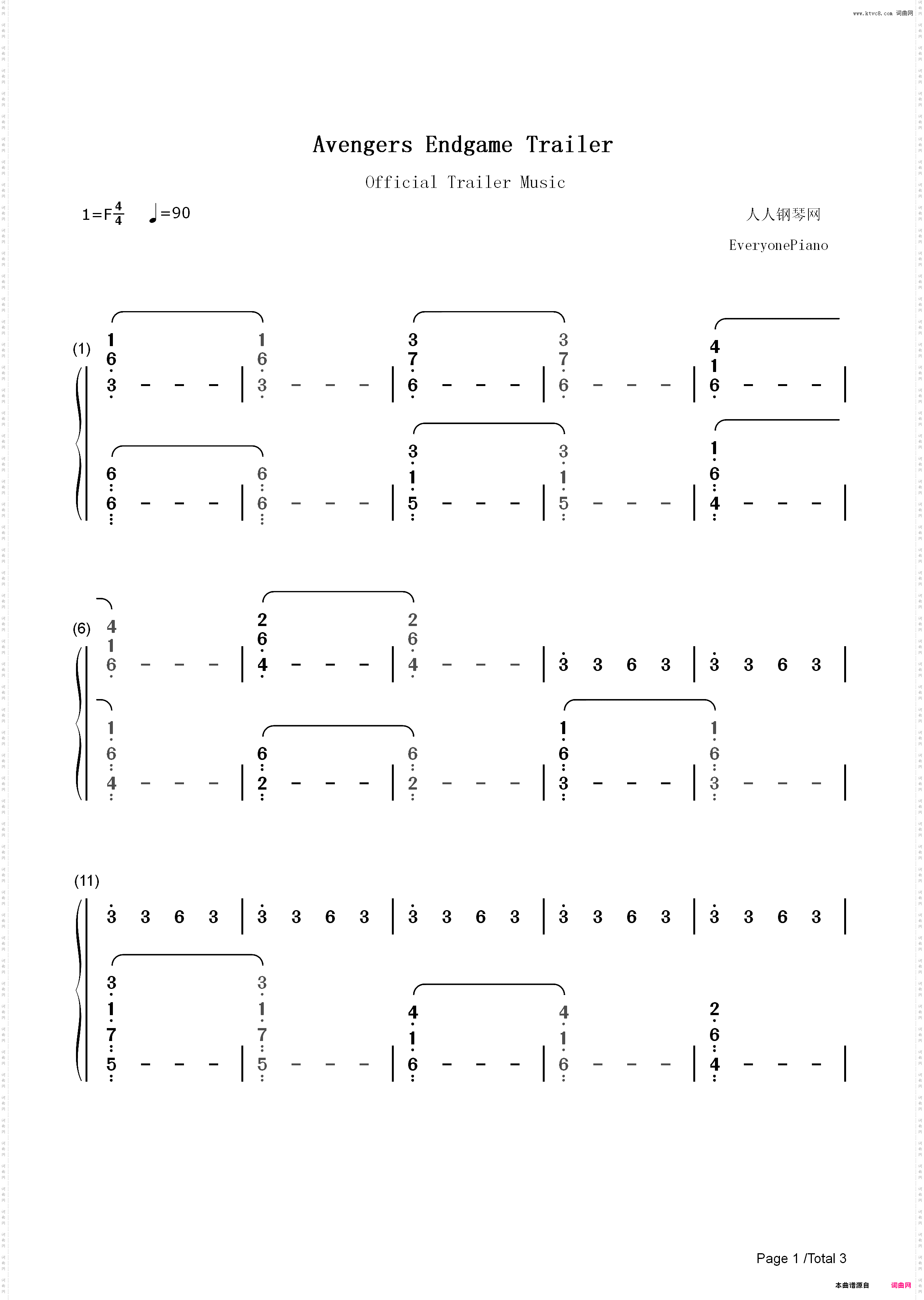 复仇者联盟4终局之战-官方预告音乐_简谱版