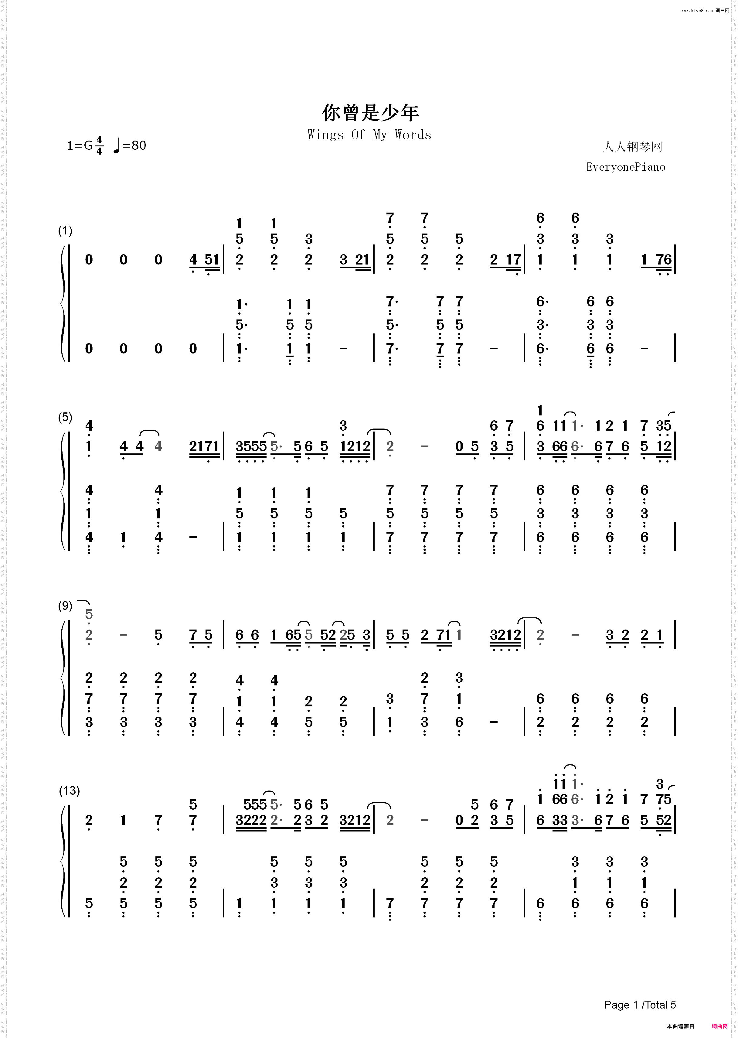 你曾是少年-少年班主题曲_简谱版