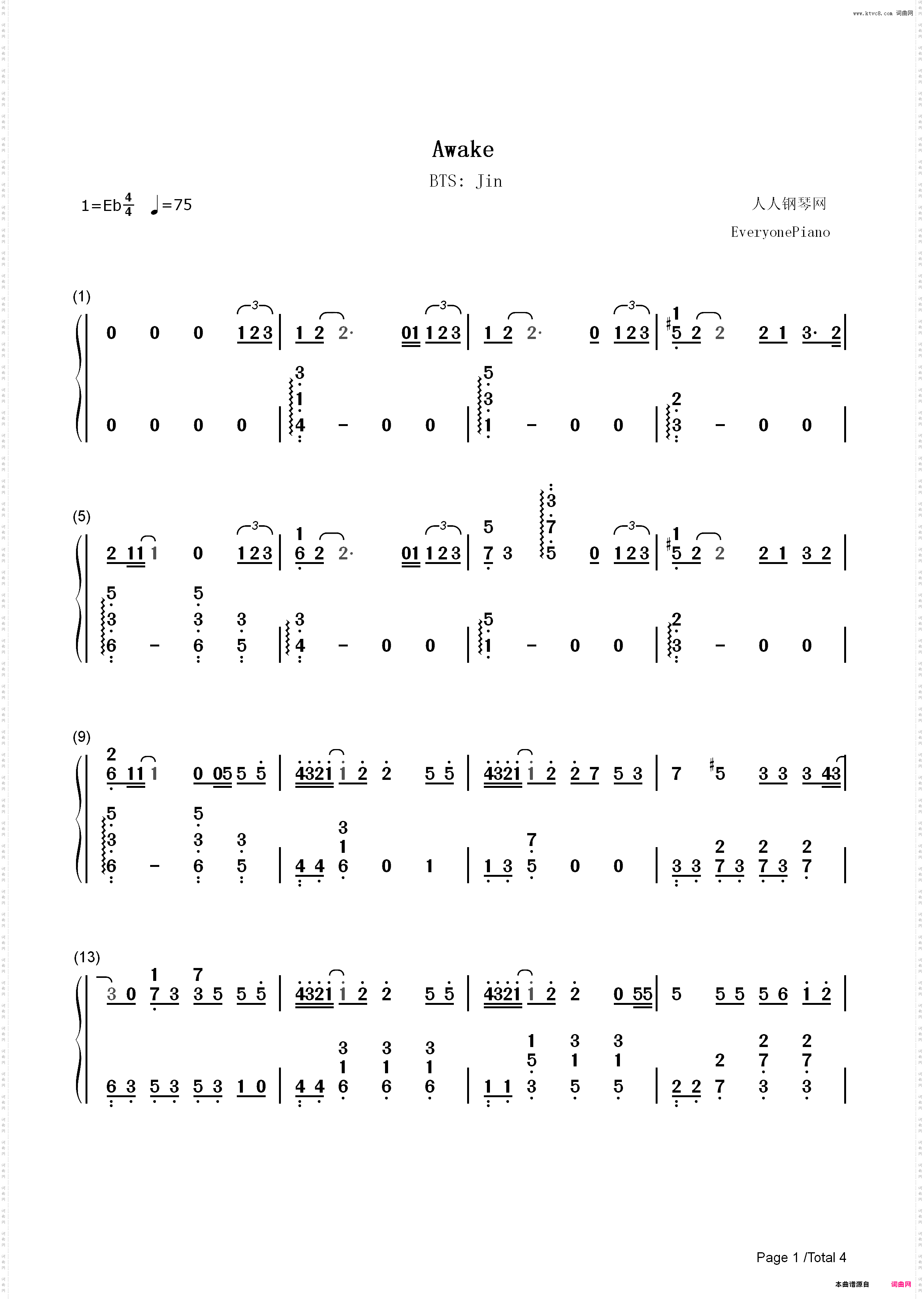 Awake-金硕珍-防弹少年团_简谱版