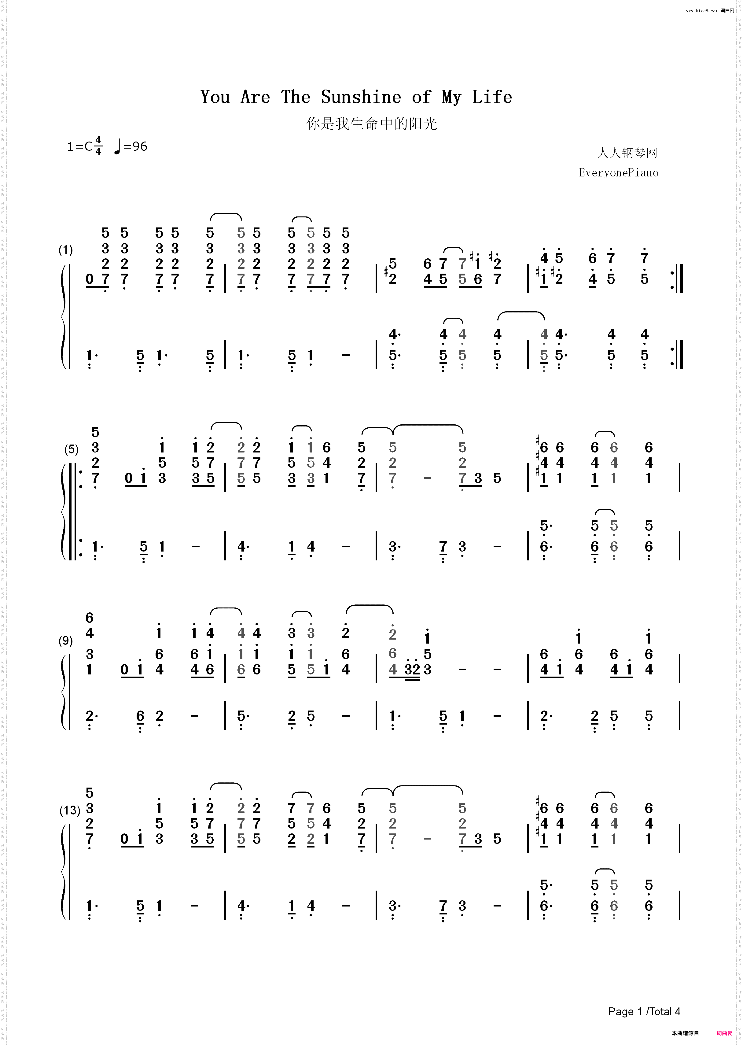 You Are The Sunshine Of My Life-Stevie Wonder_简谱版