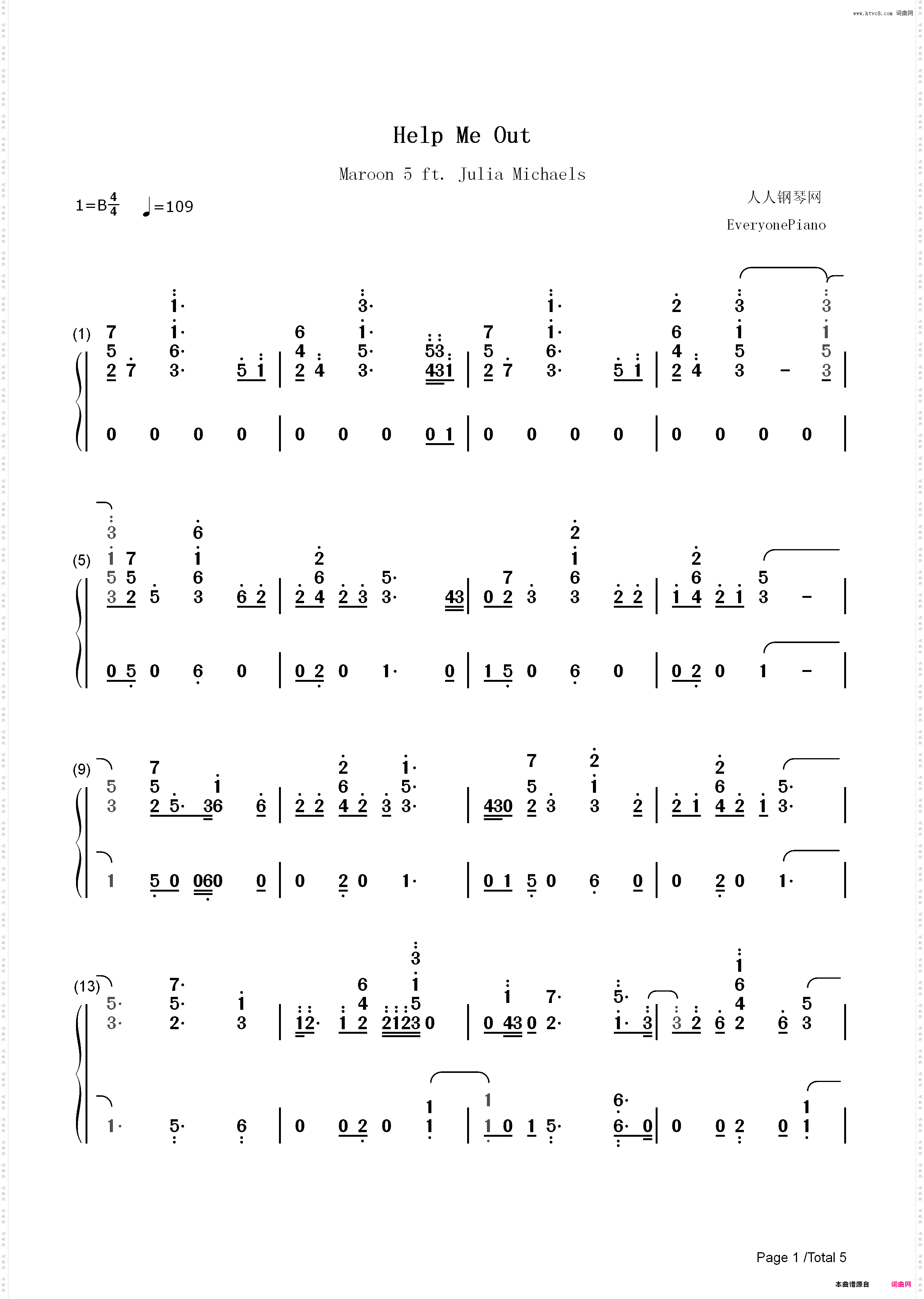 Help Me Out-Maroon 5 ft Julia Michaels_简谱版
