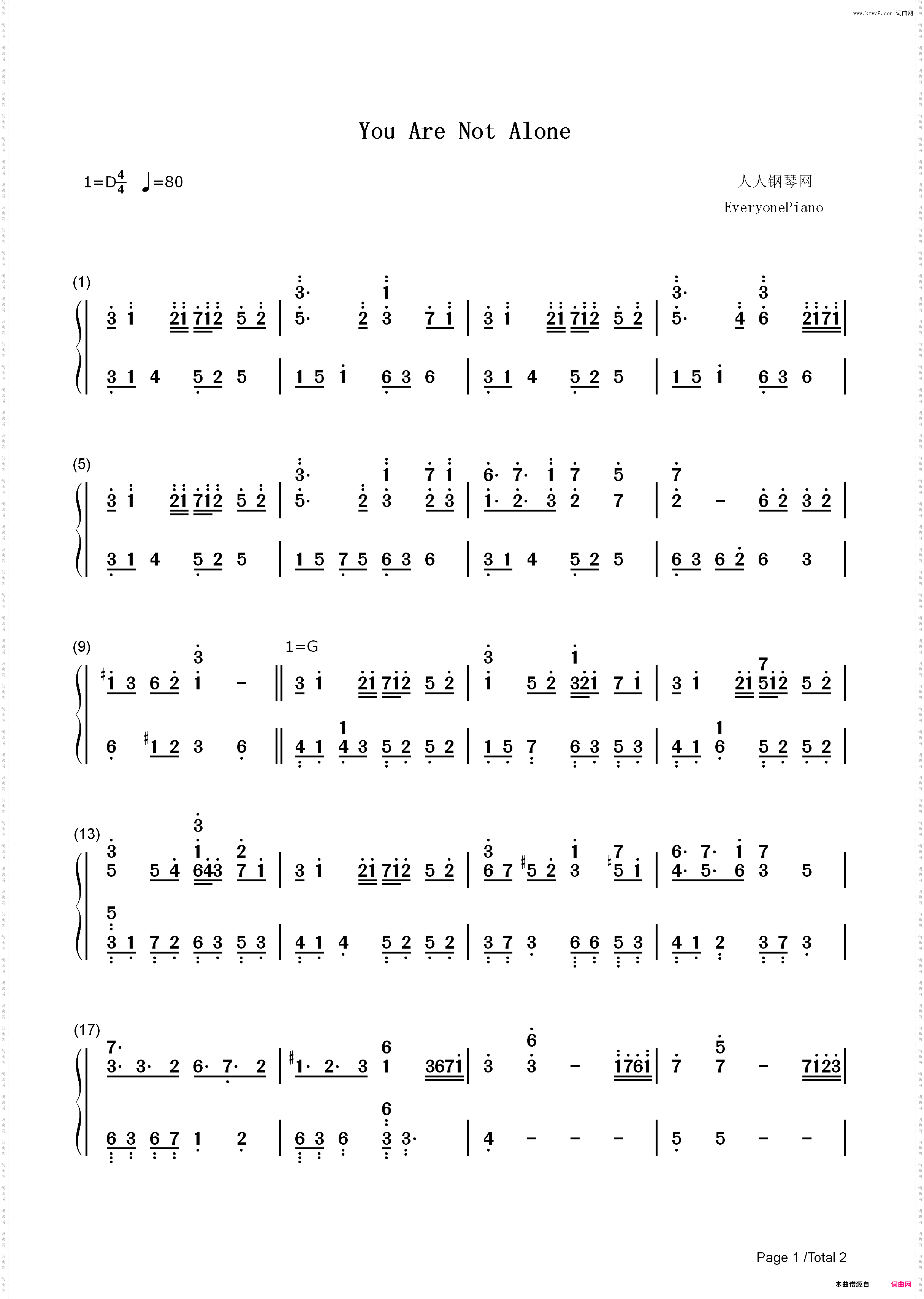 You Are Not Alone-刀剑神域IIOST_简谱版