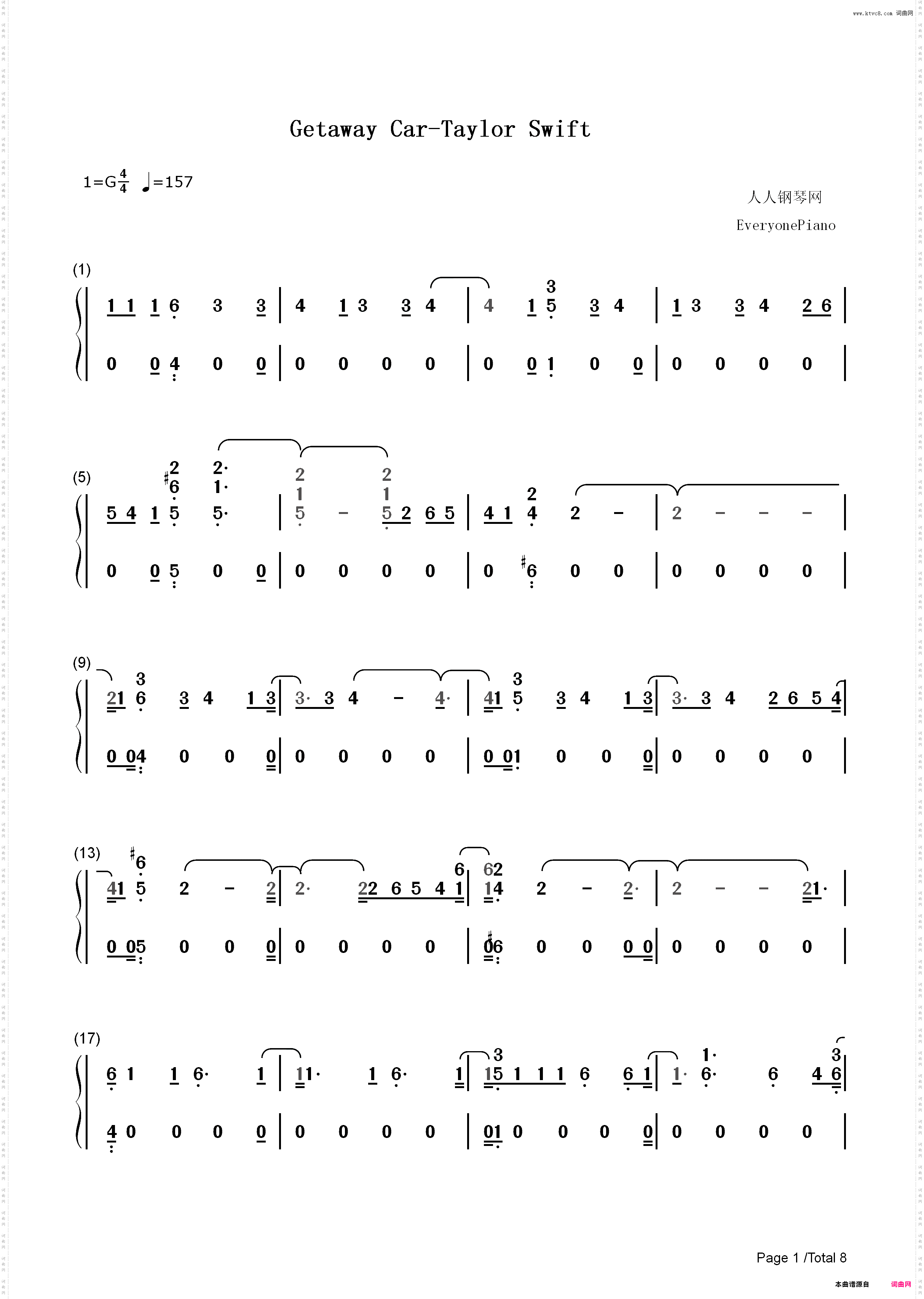 Getaway Car-Taylor Swift_简谱版