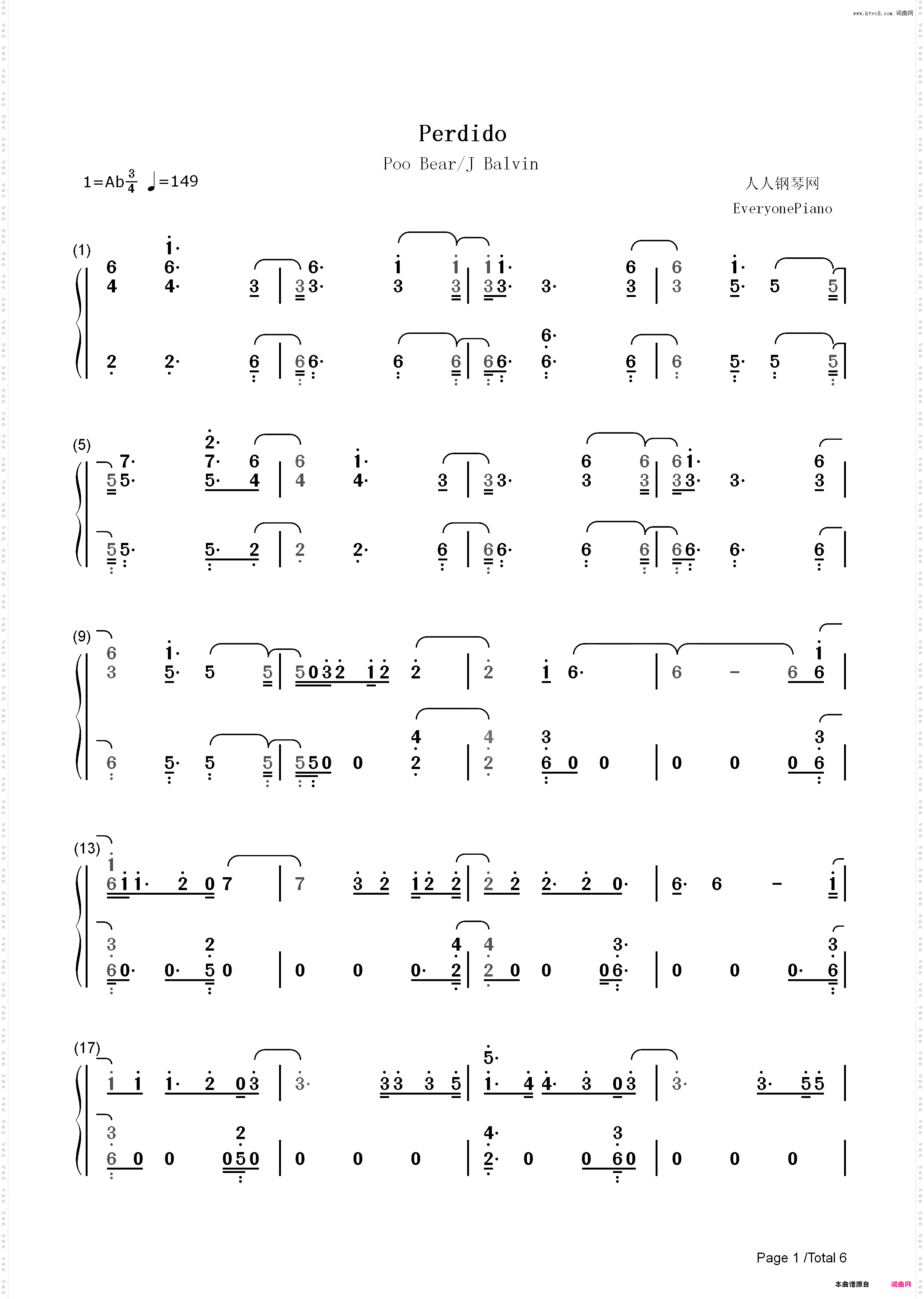 Perdido-Poo Bear ft J Balvin_简谱版