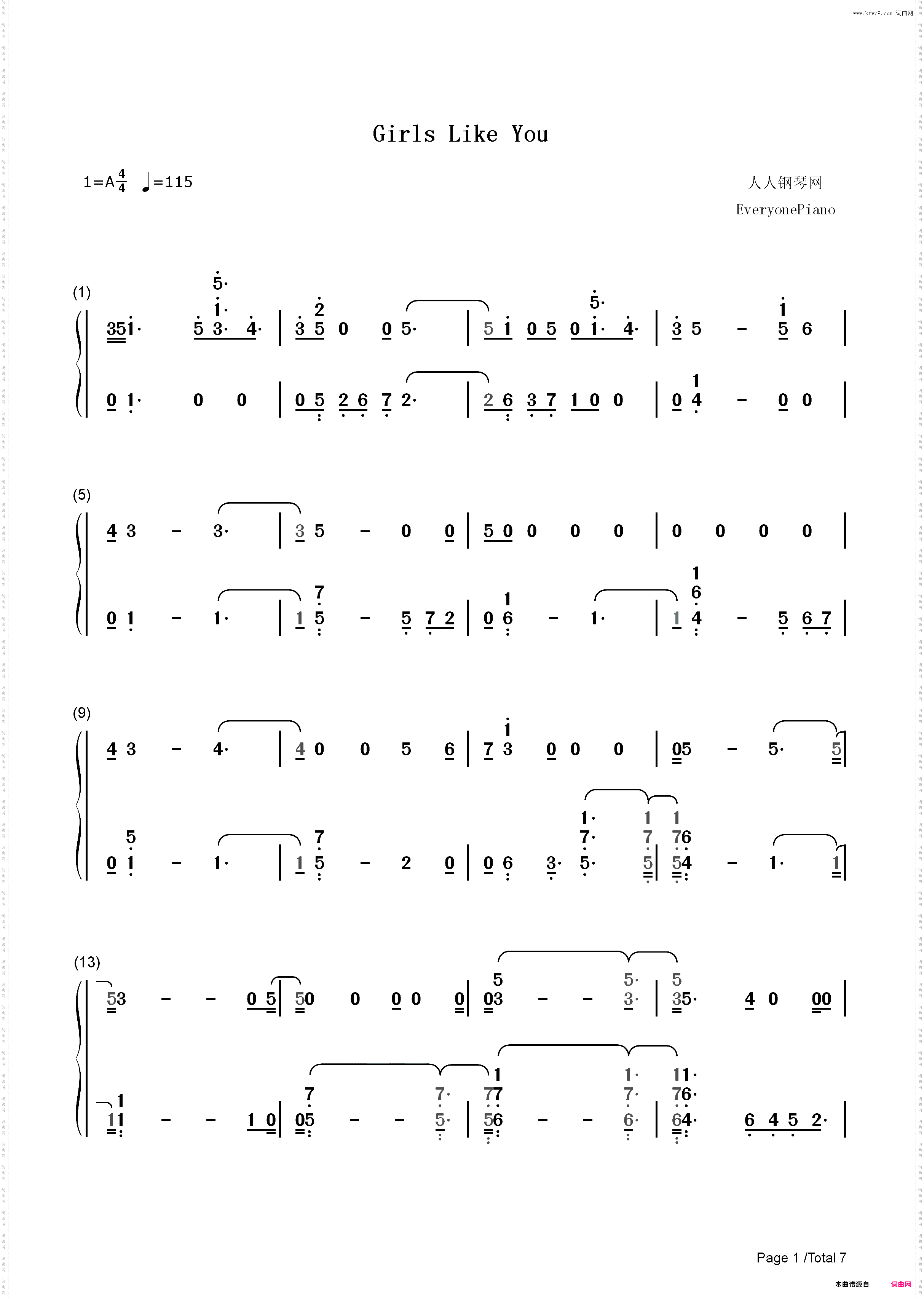 Girls Like You-Maroon 5_简谱版