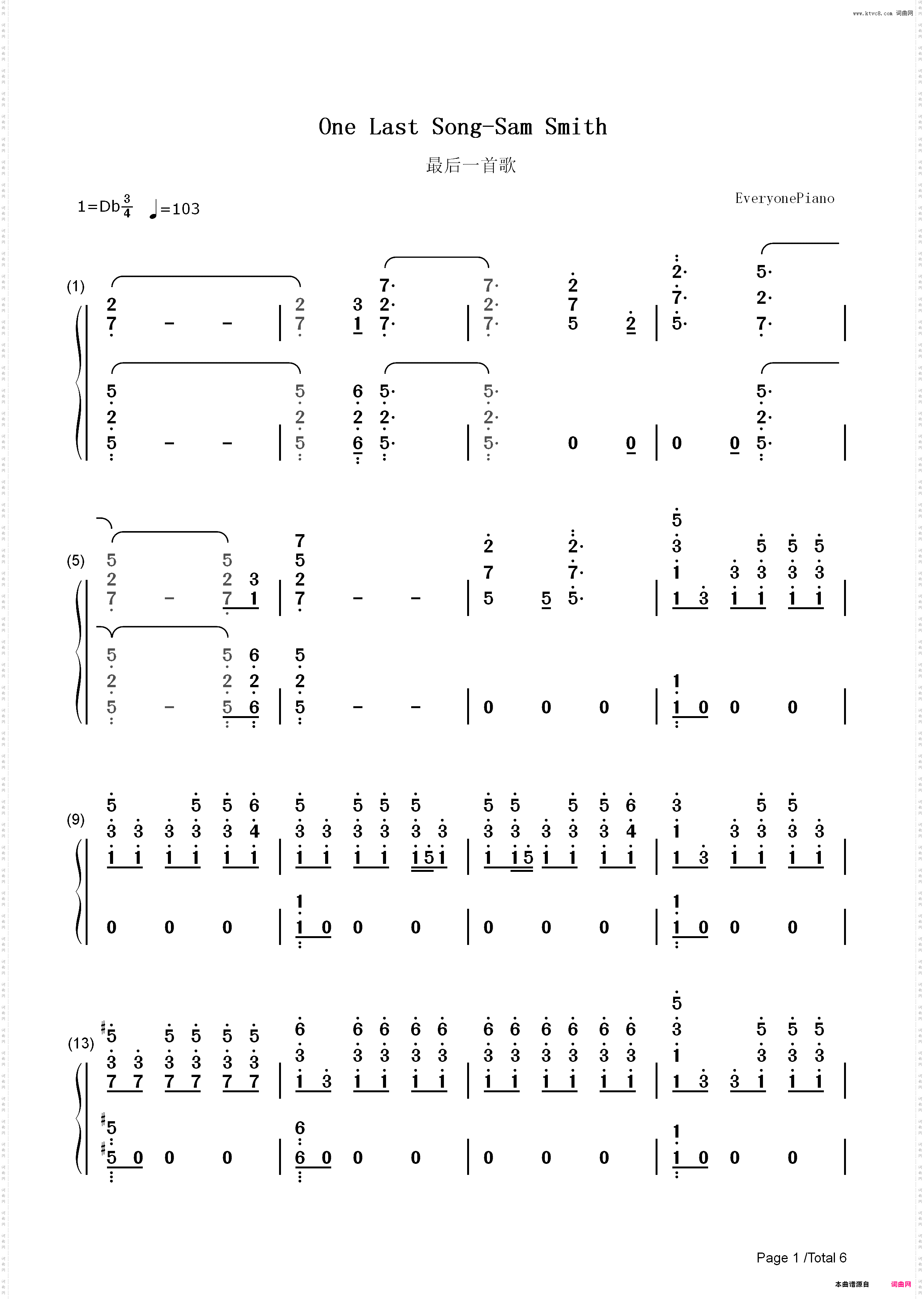 One Last Song-Sam Smith_简谱版