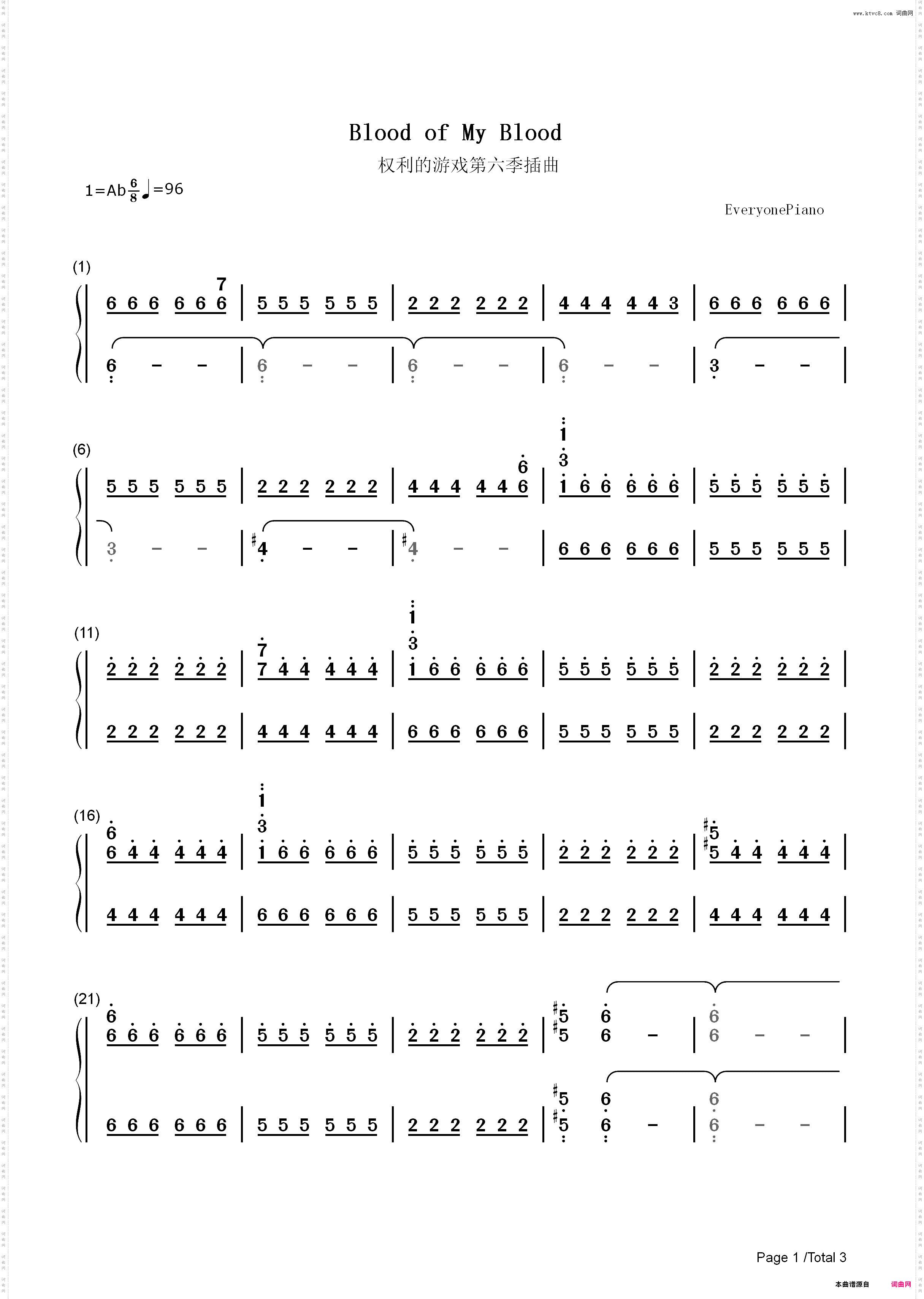 Blood of My Blood-权利的游戏第六季插曲_简谱版