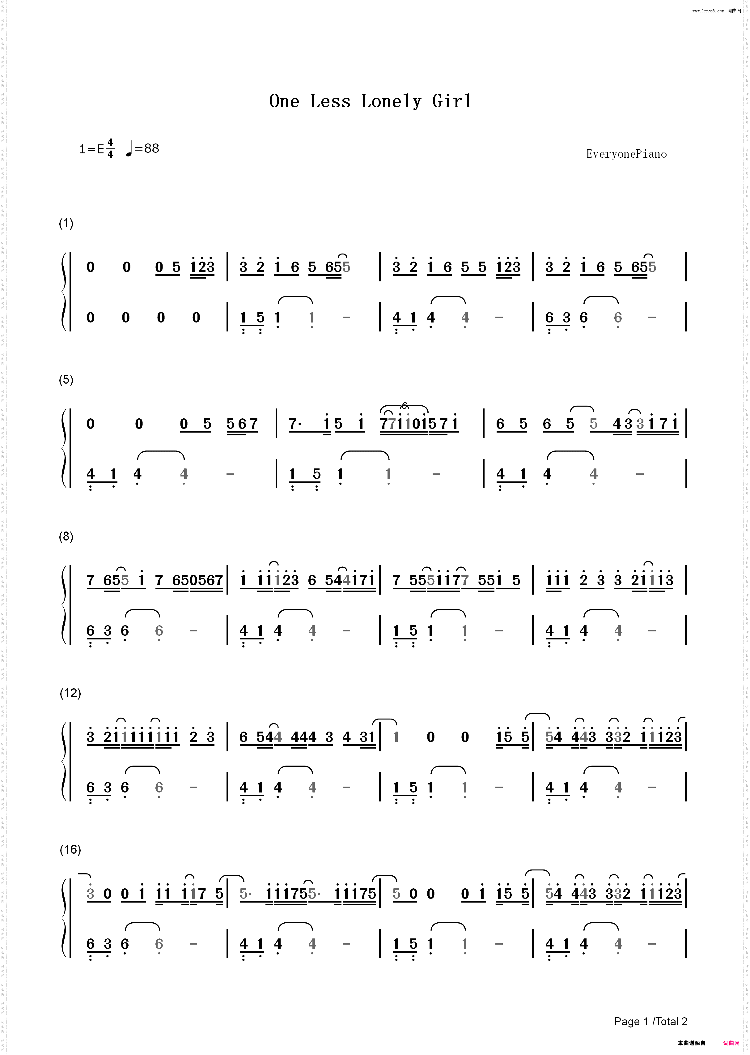 One Less Lonely Girl-Justin Bieber_简谱版
