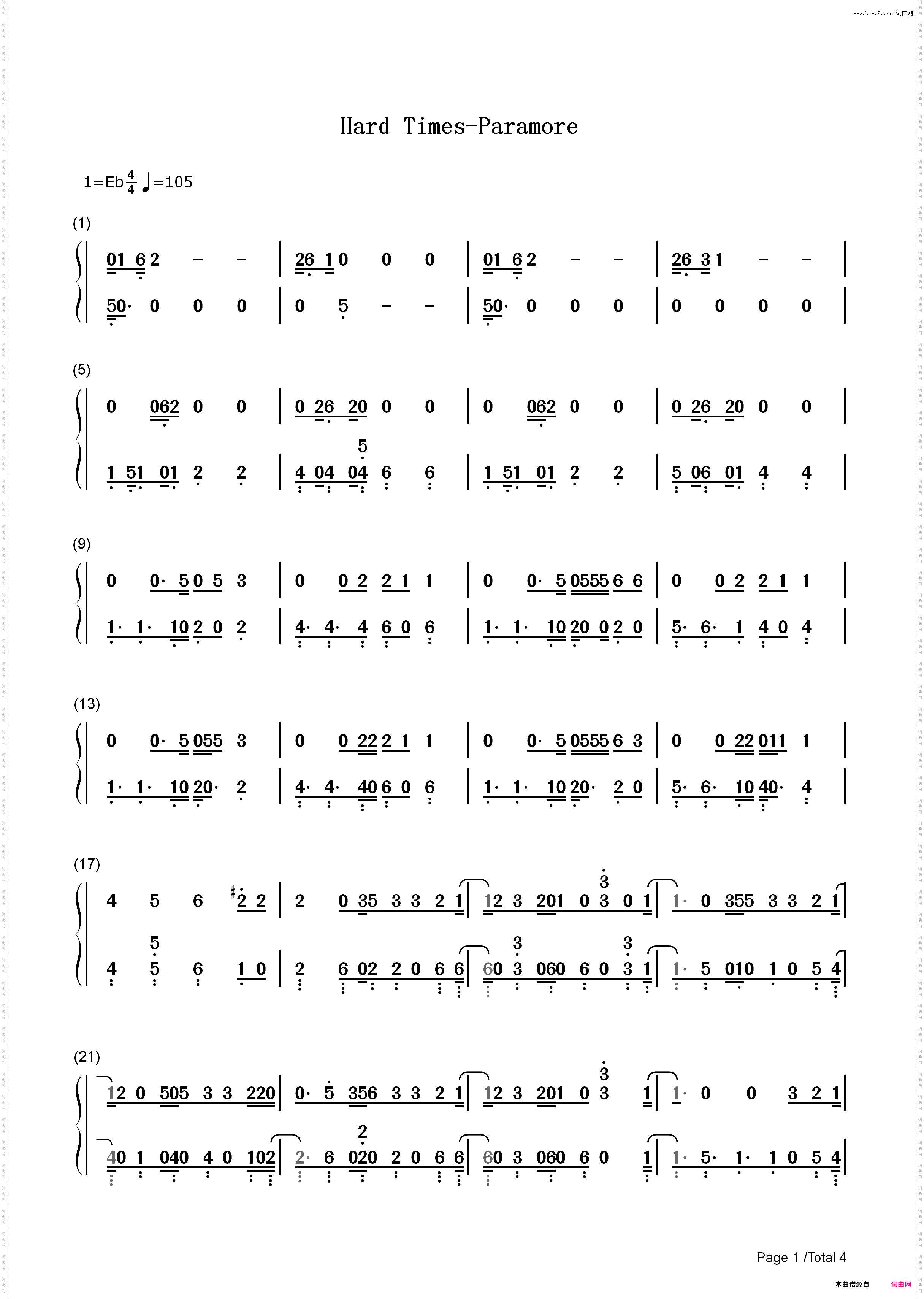 Hard Times-Paramore_简谱版