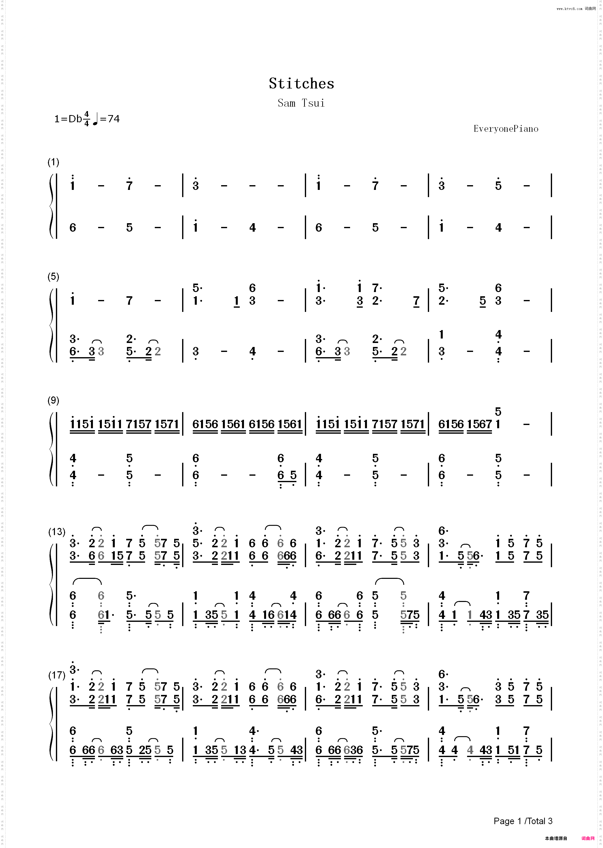 Stitches-Sam Tsui_简谱版