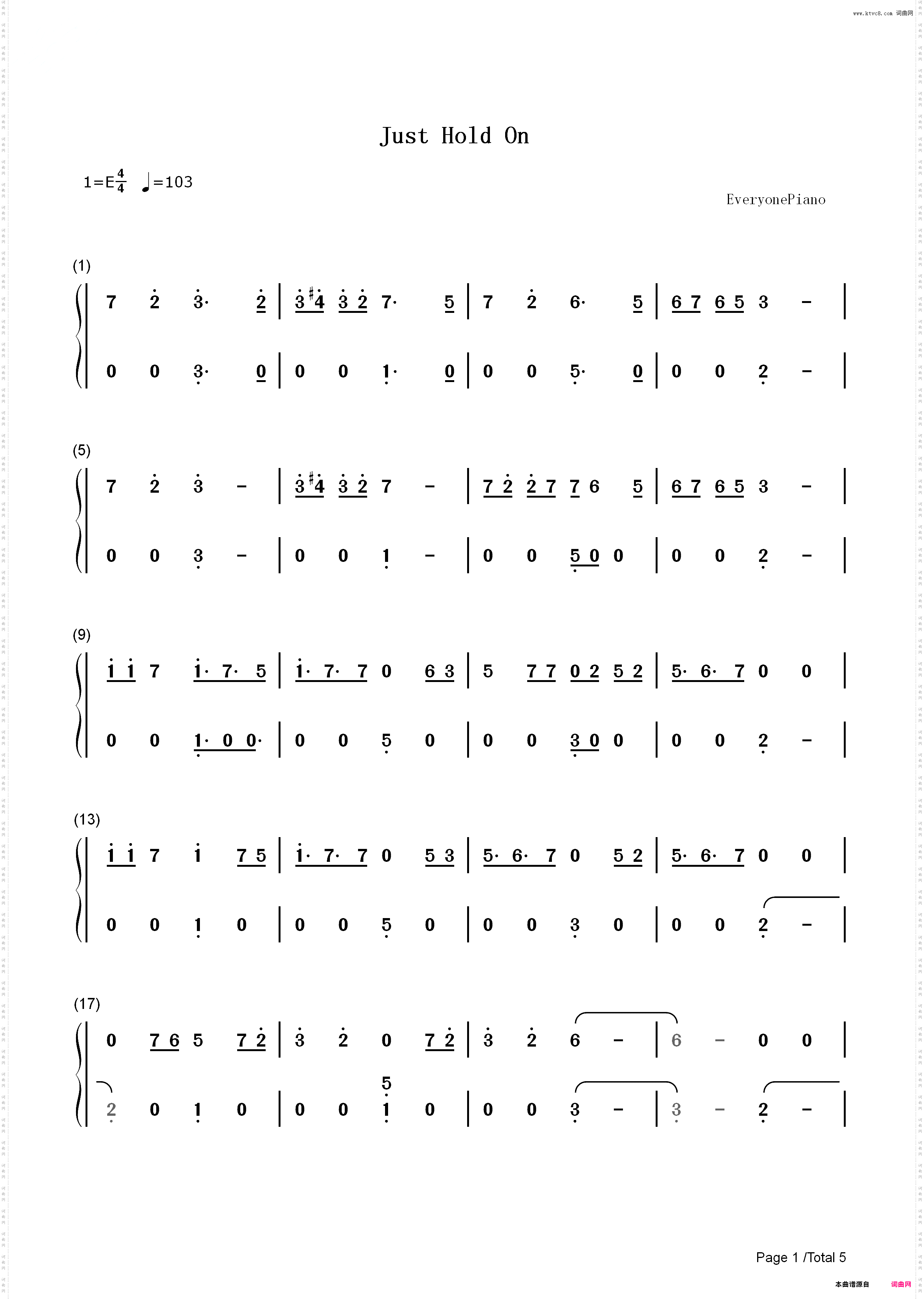 Just Hold On-Steve Aoki and Louis Tomlinson_简谱版