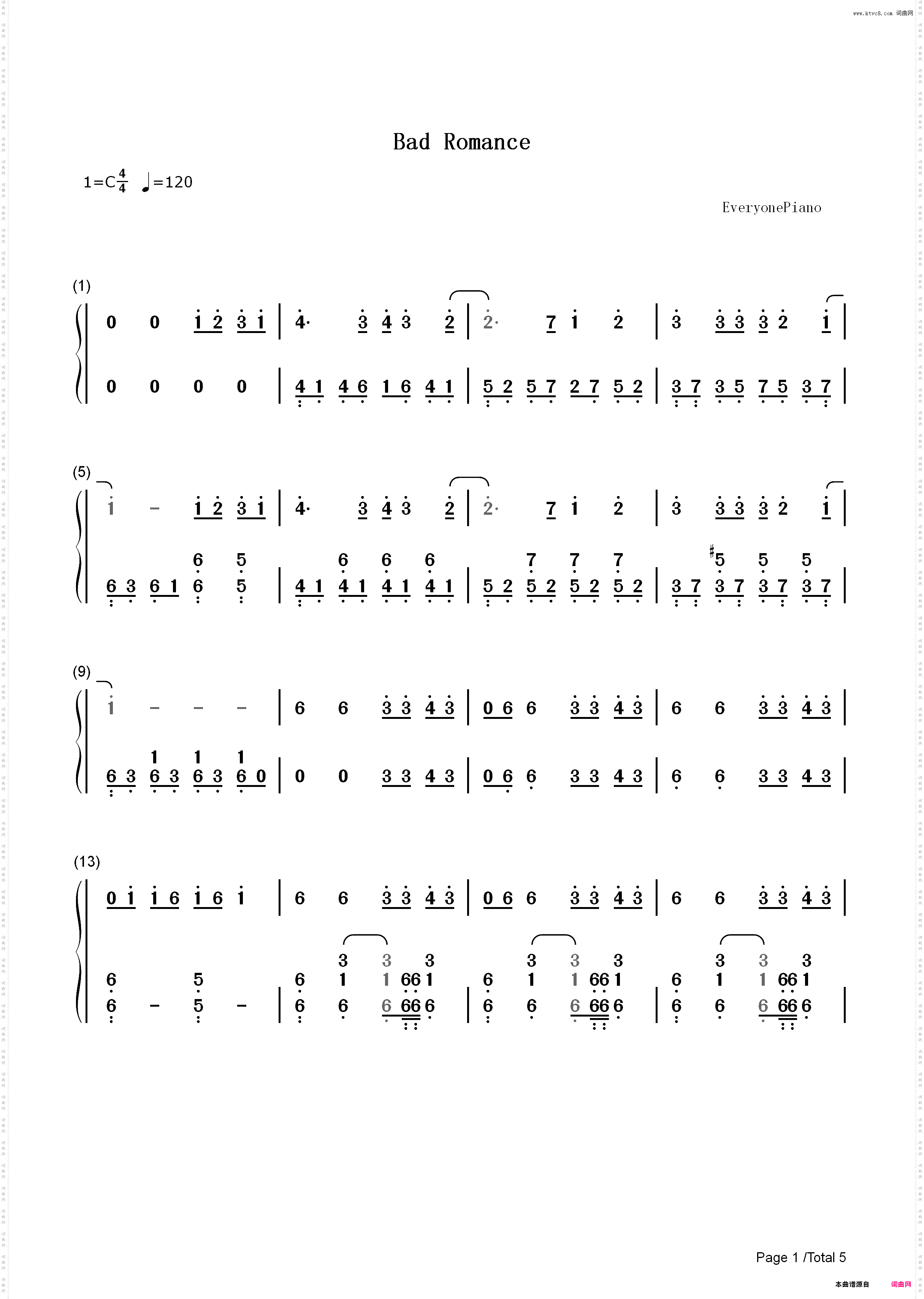 Lady GaGa罗曼死-Bad Romance_简谱版